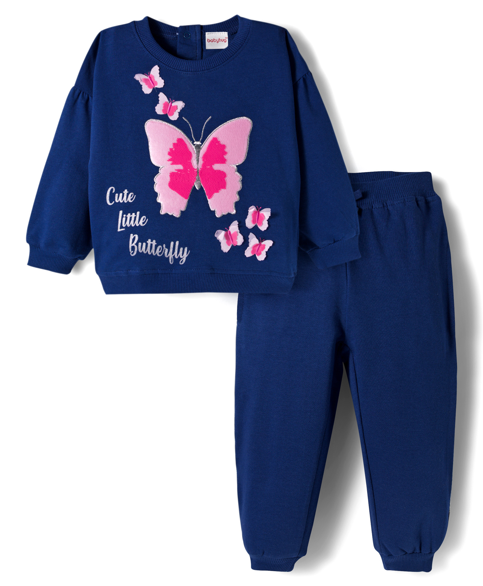 Babyhug Terry Knit Full Sleeves Top & Lounge Pant Set With Butterfly Print - Navy Blue-image-18