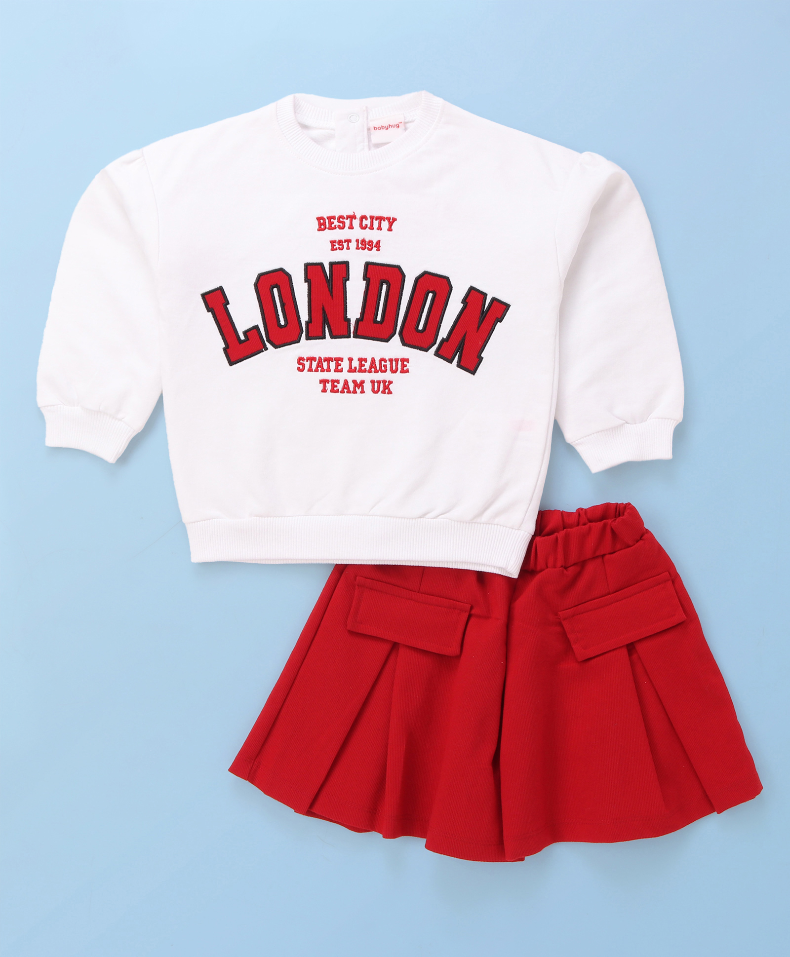 Babyhug Terry Knit Full Sleeves Top & Skort Set with Text Embroidery - Red & White-image-13