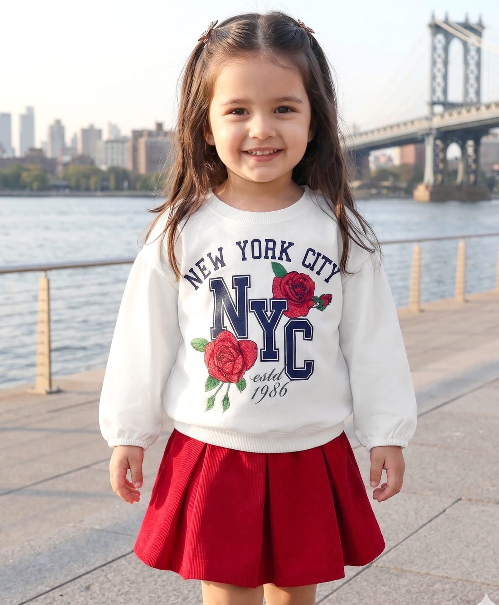 Babyhug Terry Knit Full Sleeves Top & Skirt Set with Floral & Text Print - White & Red-image-47