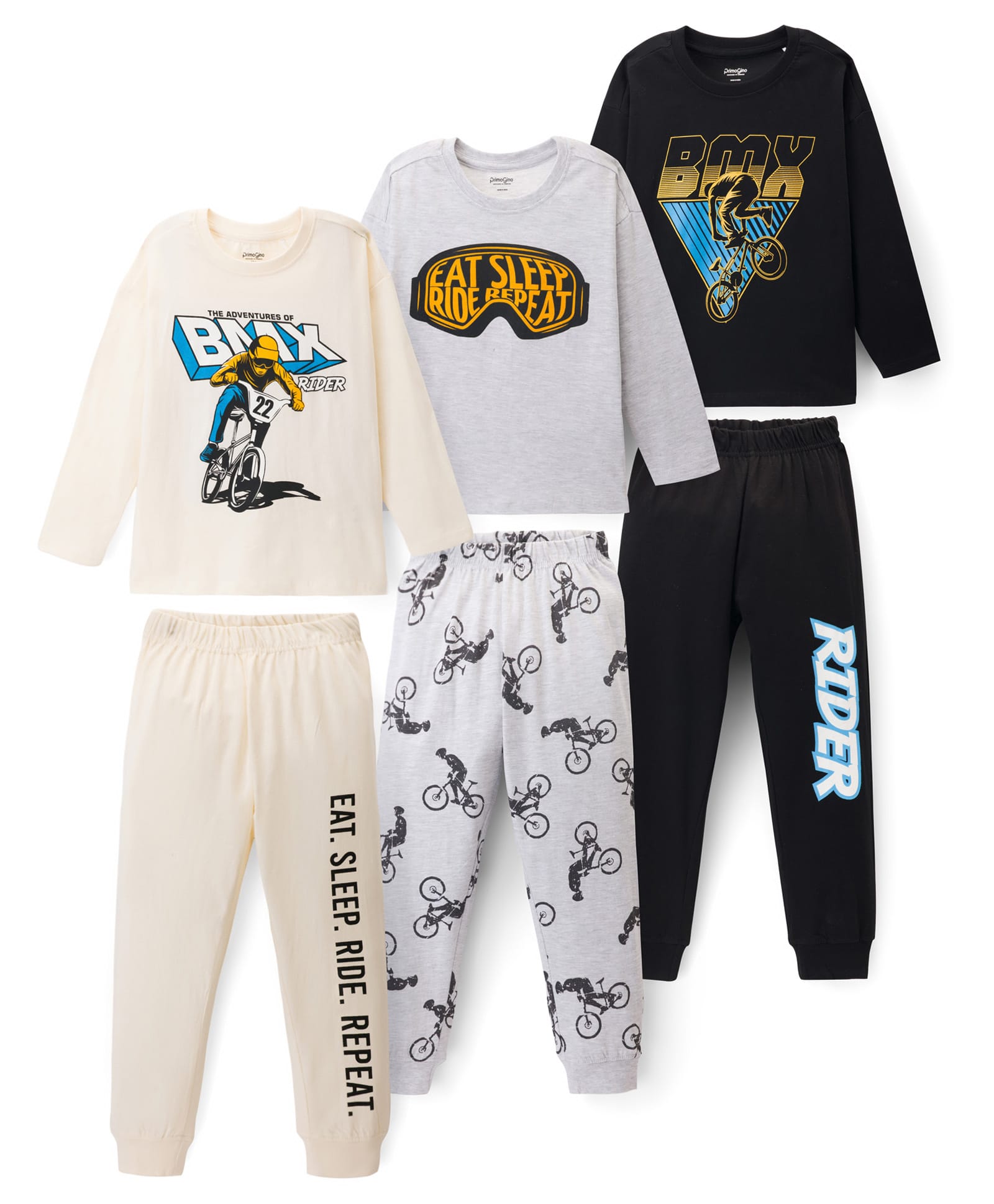 Primo Gino 100% Cotton Knit Full Sleeves Night Suit With Text & Vehicle Print Pack Of 3 - Multicolour-image-28