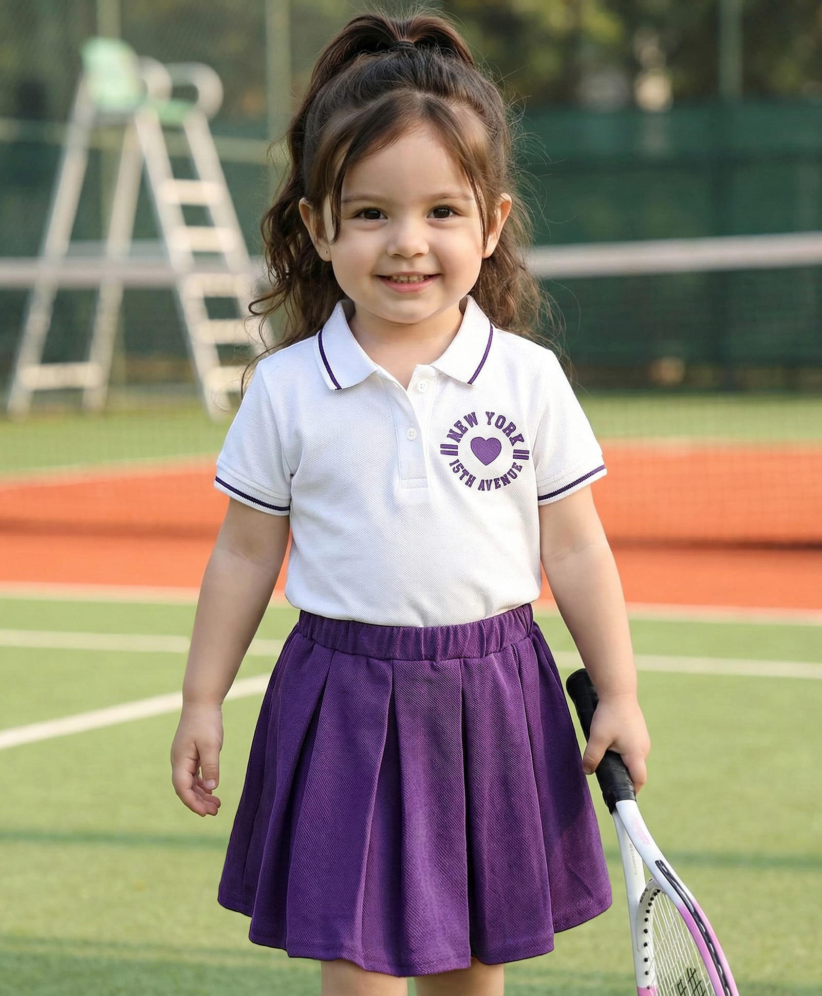 Babyhug Single Jersey Knit Half Sleeves Polo Top & Skirt Set With New York Print - White & Purple-image-26
