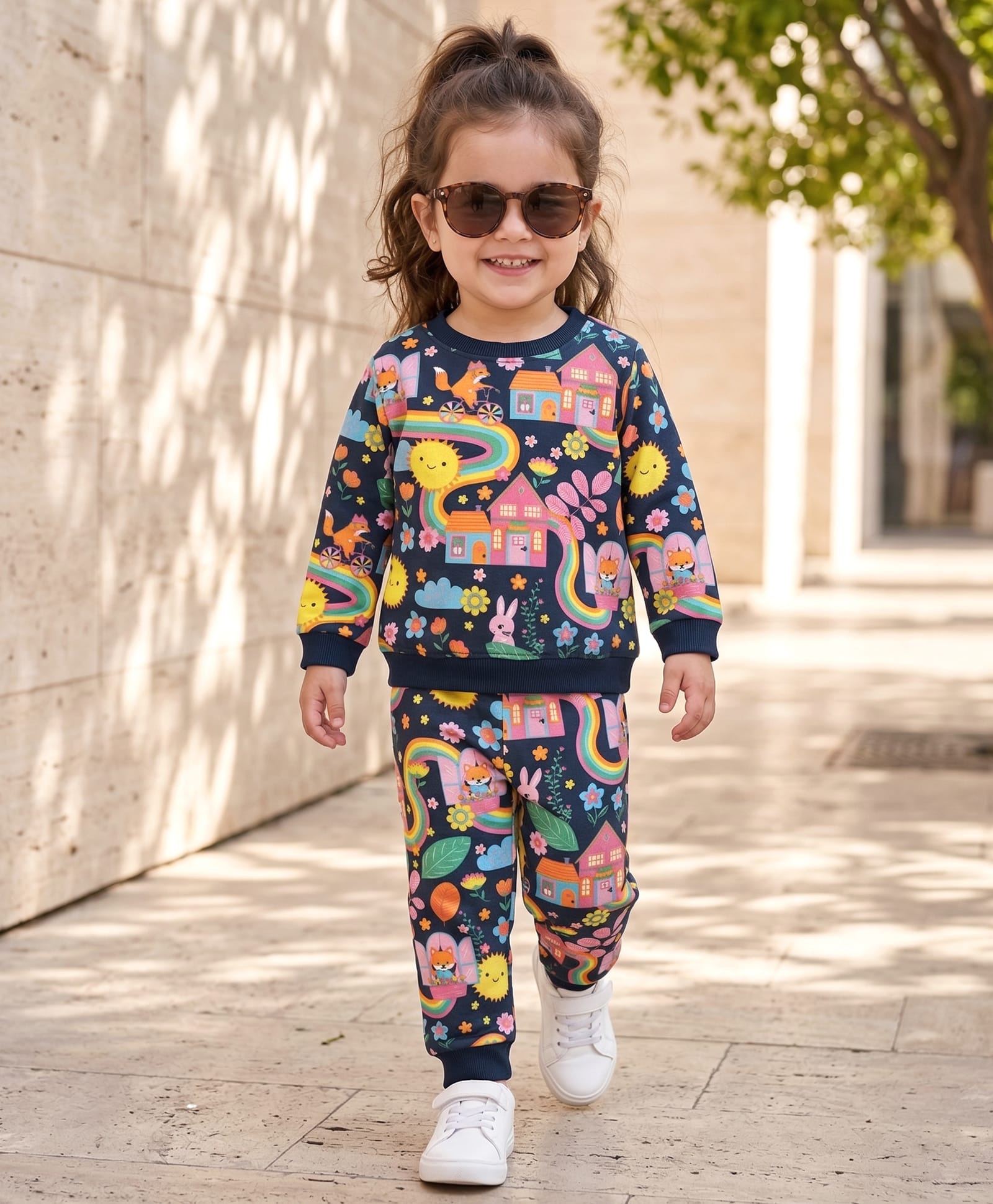 Babyhug Terry Knit Full Sleeves Top & Lounge Pant Co-Ord Set With Animal & Floral Print - Navy Blue-picture-15