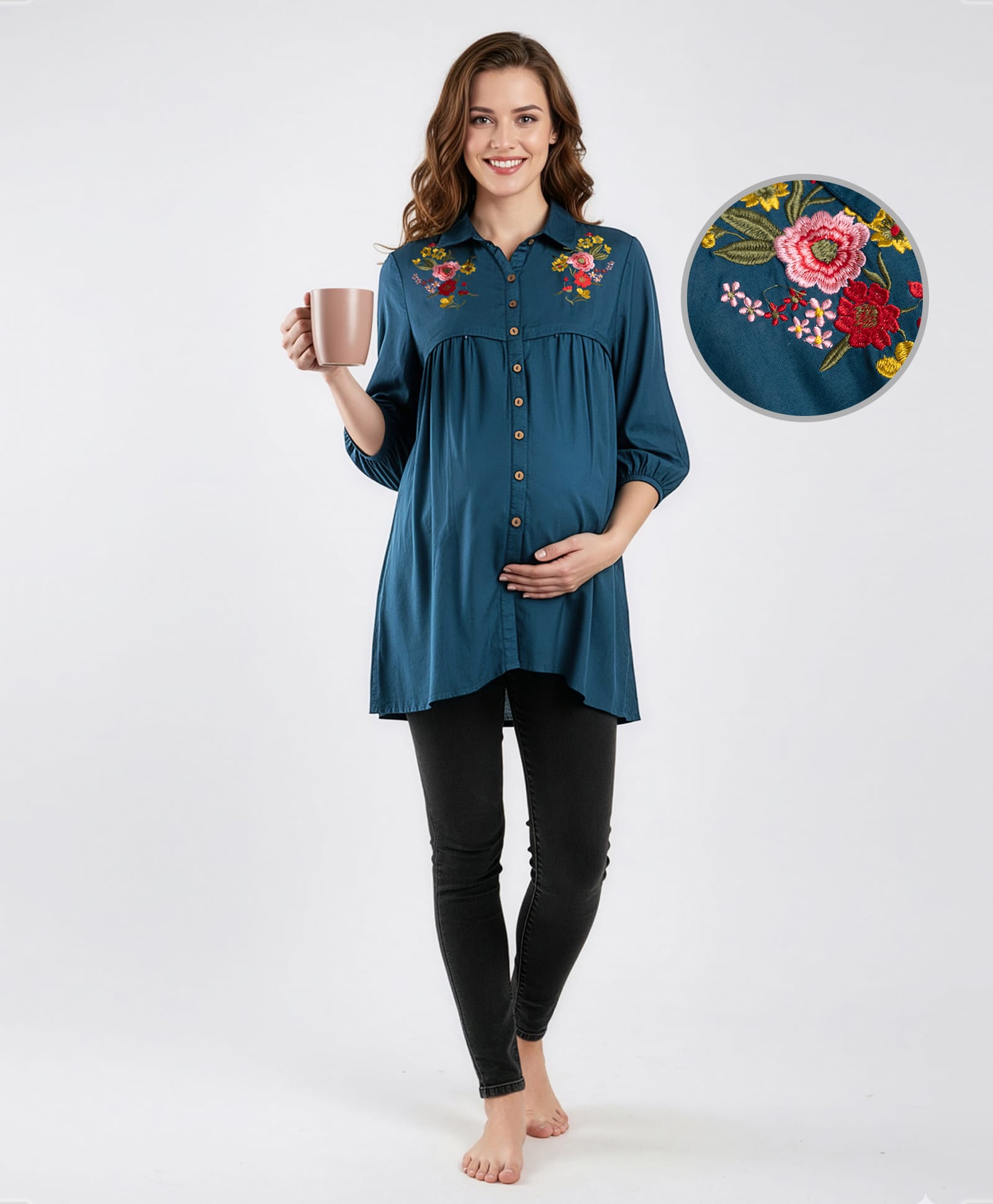 Bella Mama Woven Three Fourth Sleeves Maternity Top with Floral Embroidery - Navy Blue