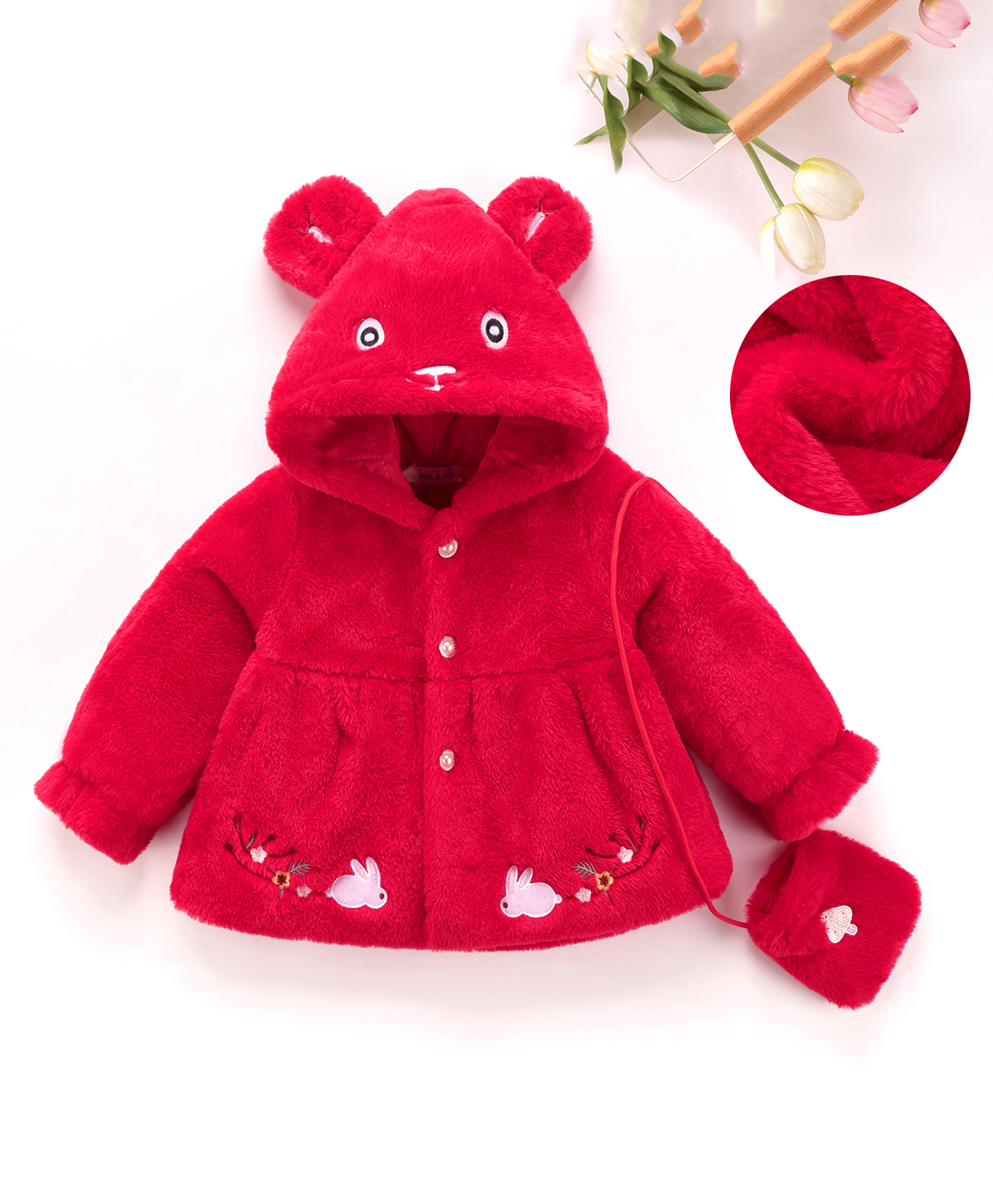 Mark & Mia Full Sleeves Fur Hooded Winter Jacket With Bunny & Floral Embroidery - Red-picture-32