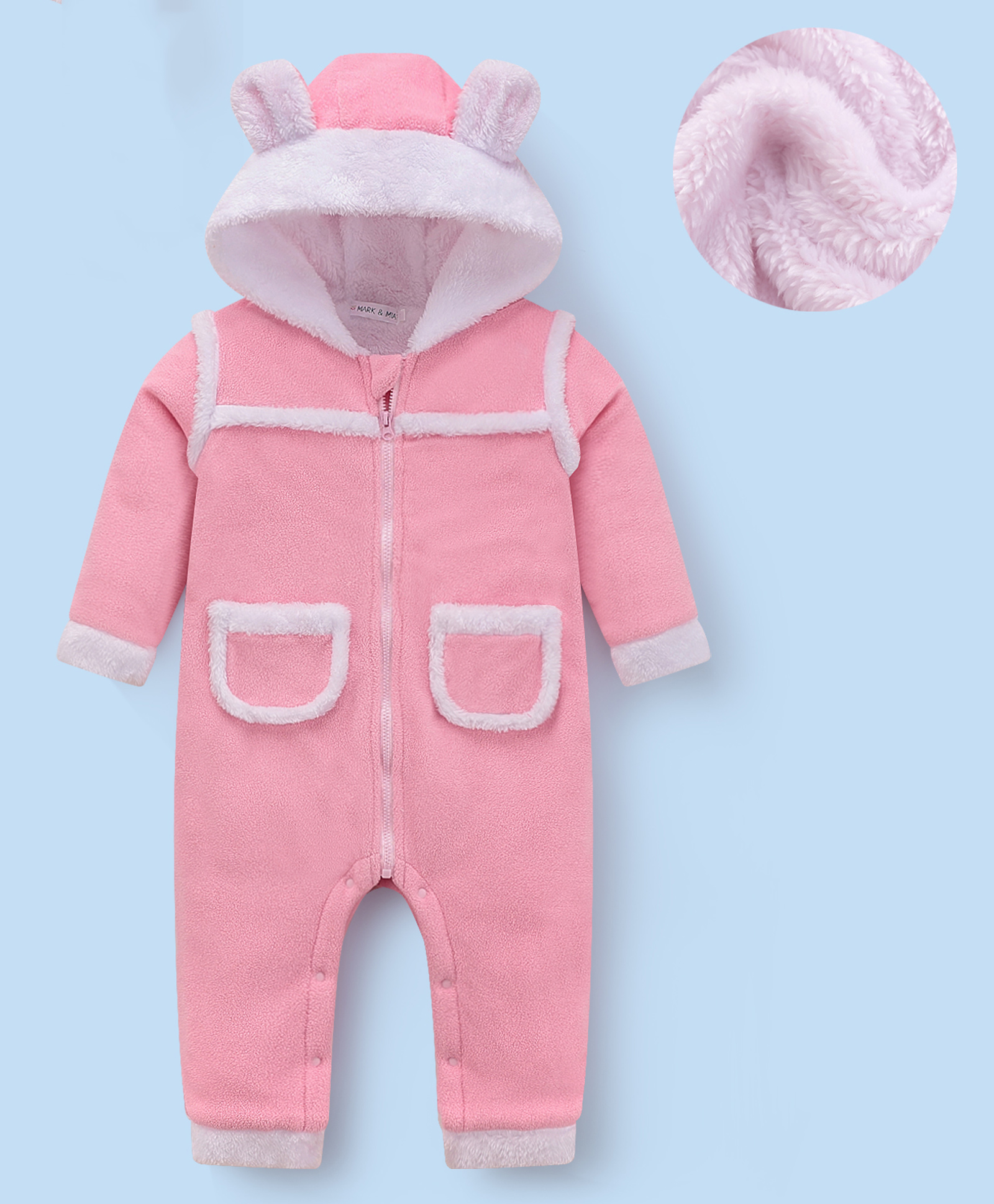 Mark & Mia Full Sleeves Winter Wear Solid Hooded Romper With Ear Applique - Pink-image-28