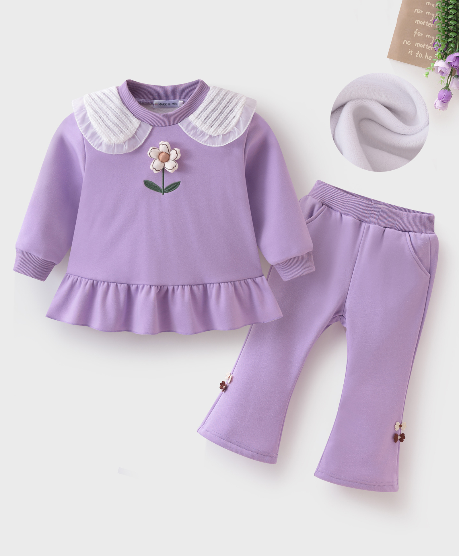 Mark & Mia Full Sleeves Winter Wear Top & Lounge Pant Set With Floral Applique - Purple-picture-20