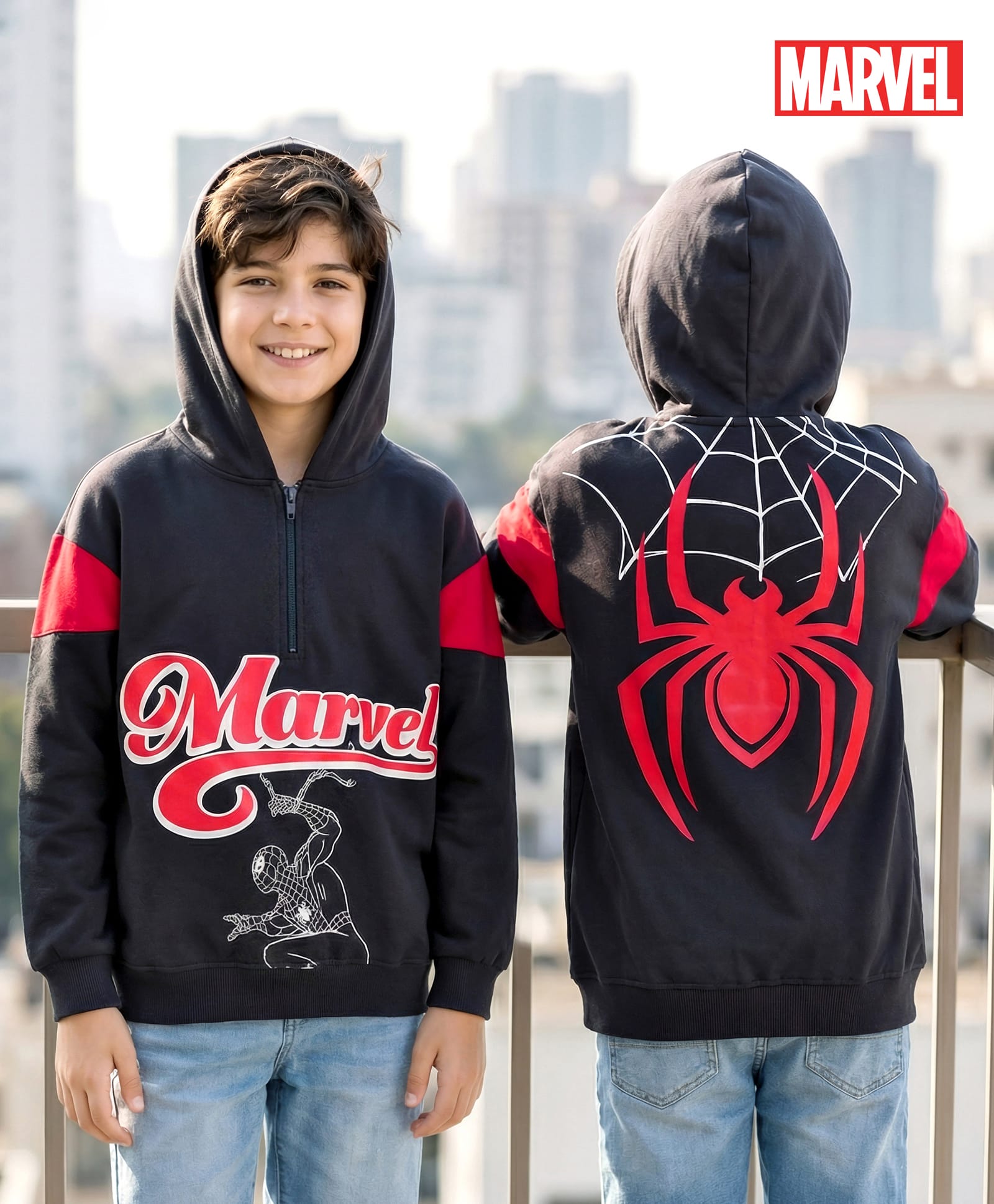 Honeyhap Marvel Terry Knit Full Sleeves Cut & Sew Hooded Sweatshirt With Front & Back Spider-Man Graphics - Black-picture-26