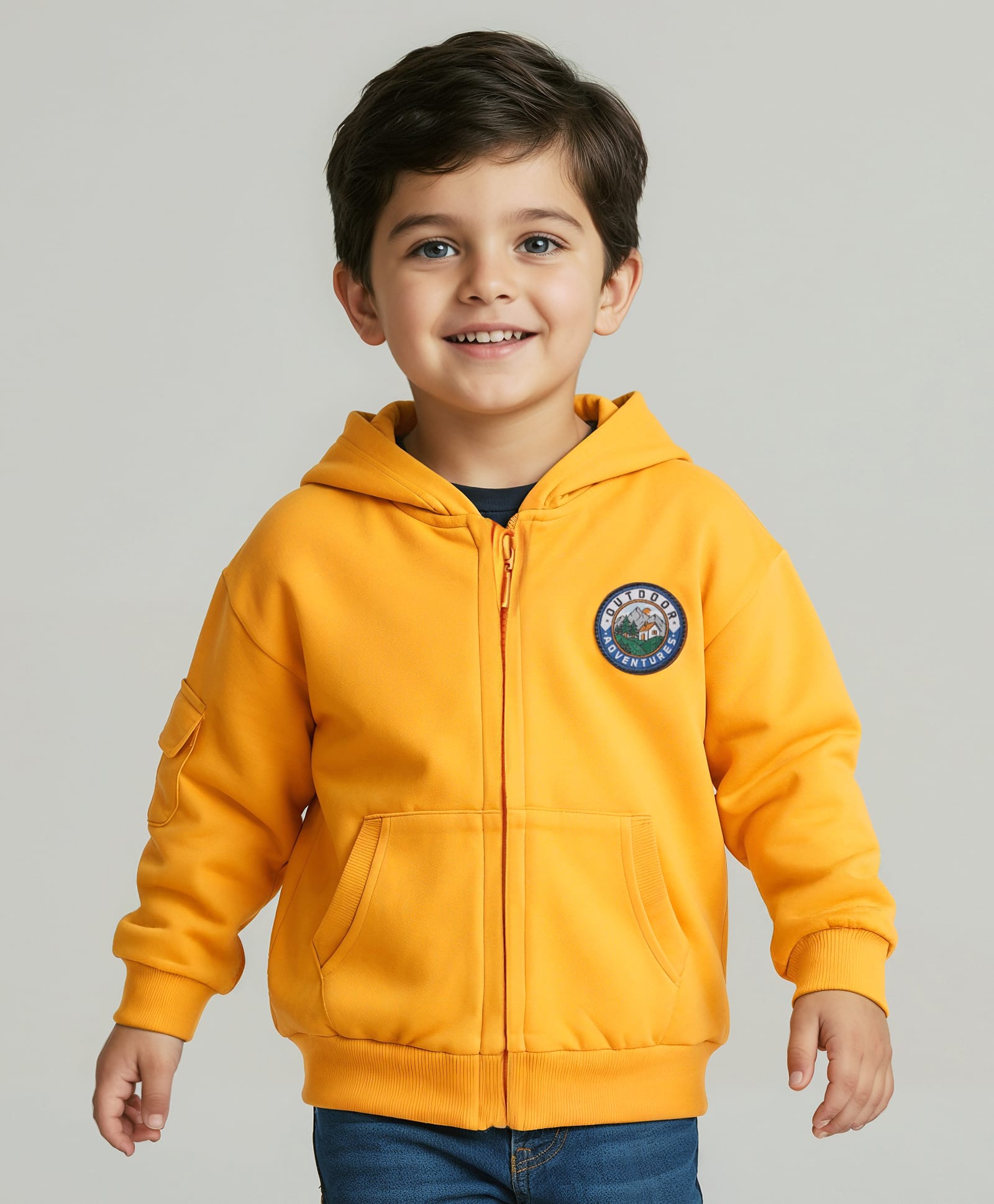 Babyhug Cotton Knit Full Sleeves Hooded Sweatjacket With Patch Detailing & Kangaroo Pockets - Yellow-image-33
