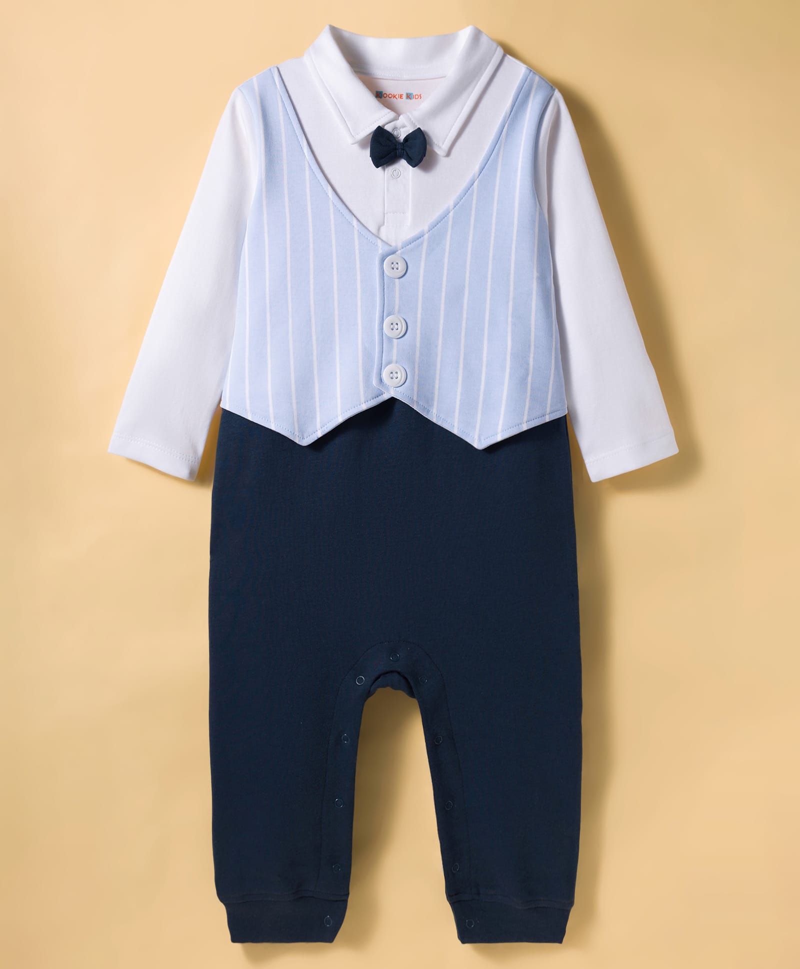 kookie kids india Kookie Kids Interlock Knit Full Sleeves Party Romper With Attached Waistcoat & Bow Applique - Navy Blue & White-picture-25