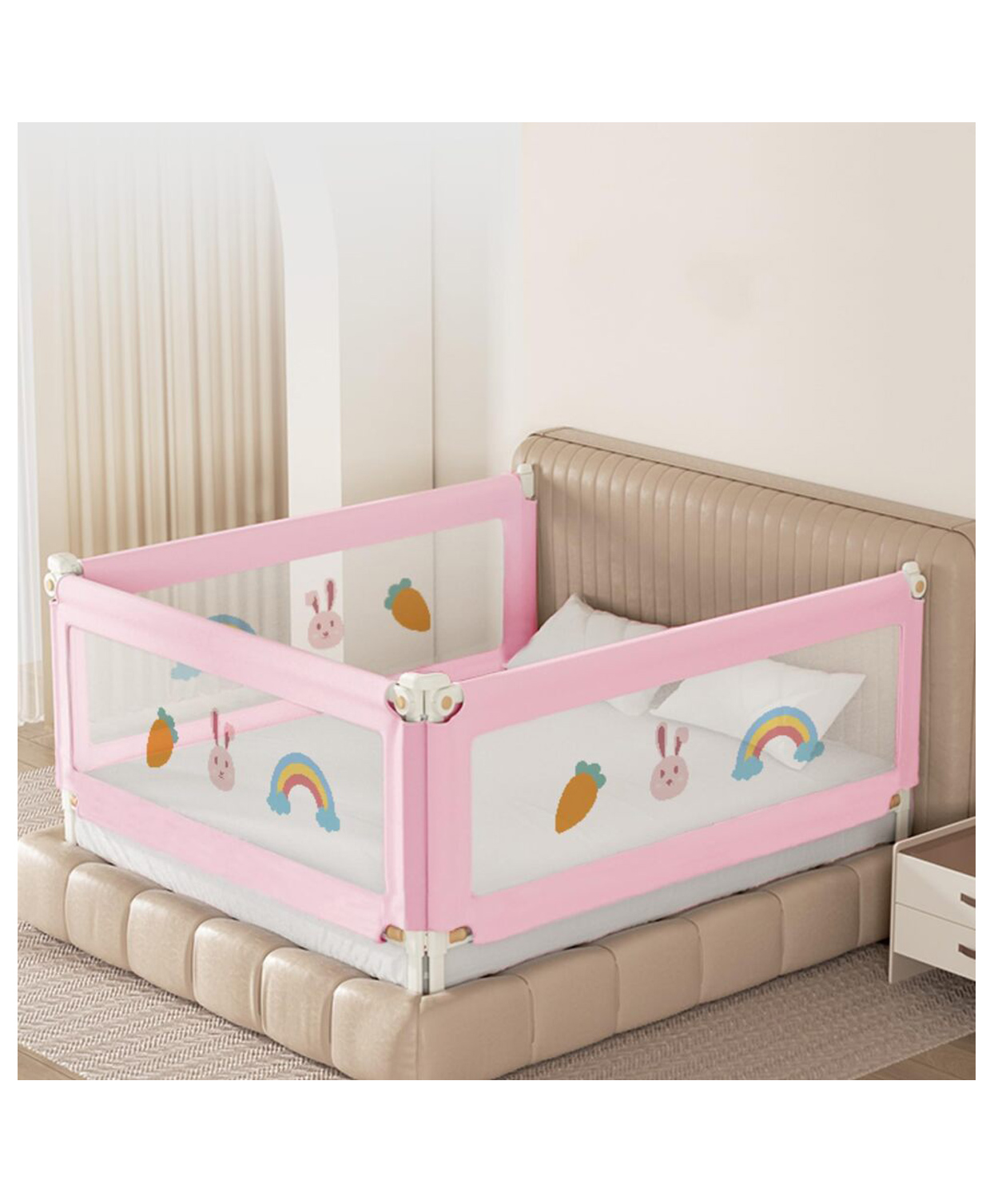 Kids Station Foldable Bed Rail Guard 3 Side, Pink(180 x 180 cm) Adjustable Height Baby Safety Barrier for King Size Bed (6ft x 6ft, Basic)-image-26