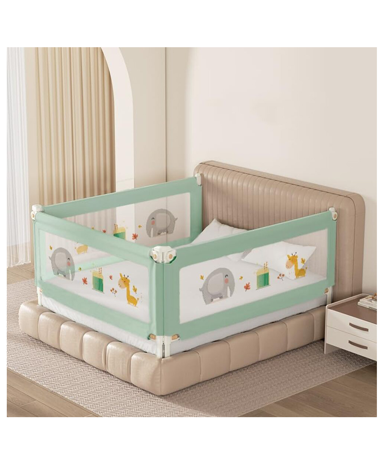 Kids Station Foldable Bed Rail Guard 3 Side, Green (200 x 180 cm) Adjustable Height Baby Safety Barrier for King Size Bed (6.6ft x 6ft, Basic)-image-21