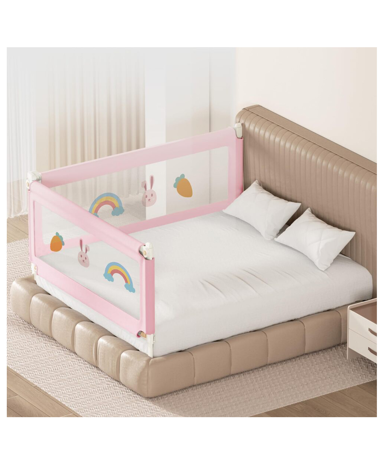 Kids Station Foldable Bed Rail Guard 2 Side, Pink (200 x 150 cm) Adjustable Height Baby Safety Barrier for Queen Size Bed (6.6ft x 5ft, Basic)-picture-15