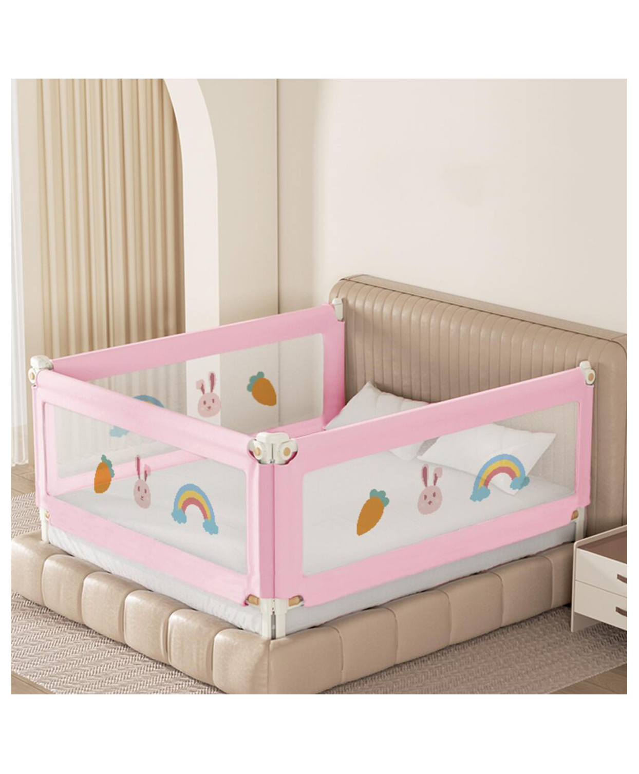 Kids Station Foldable Bed Rail Guard 3 Side, Pink (200 x 150 cm) Adjustable Height Baby Safety Barrier for Queen Size Bed (6.6ft x 5ft, Basic)-image-19