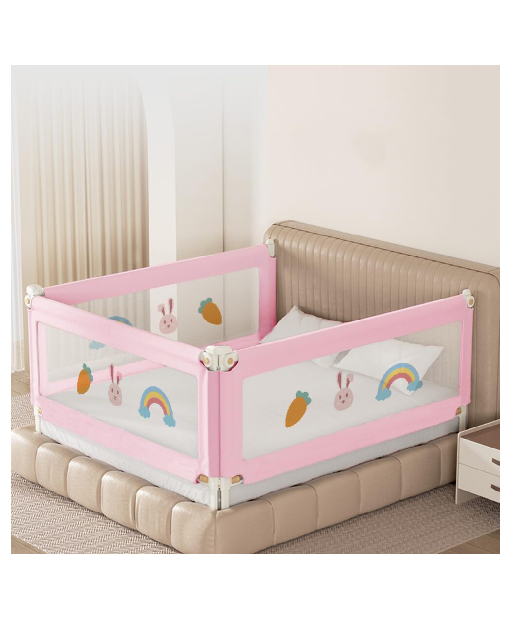 Kids Station Foldable Bed Rail Guard 3 Side, Pink (192 x 180 cm) Adjustable Height Baby Safety Barrier for King Size Bed (6.3ft x 6ft, Basic)-picture-10