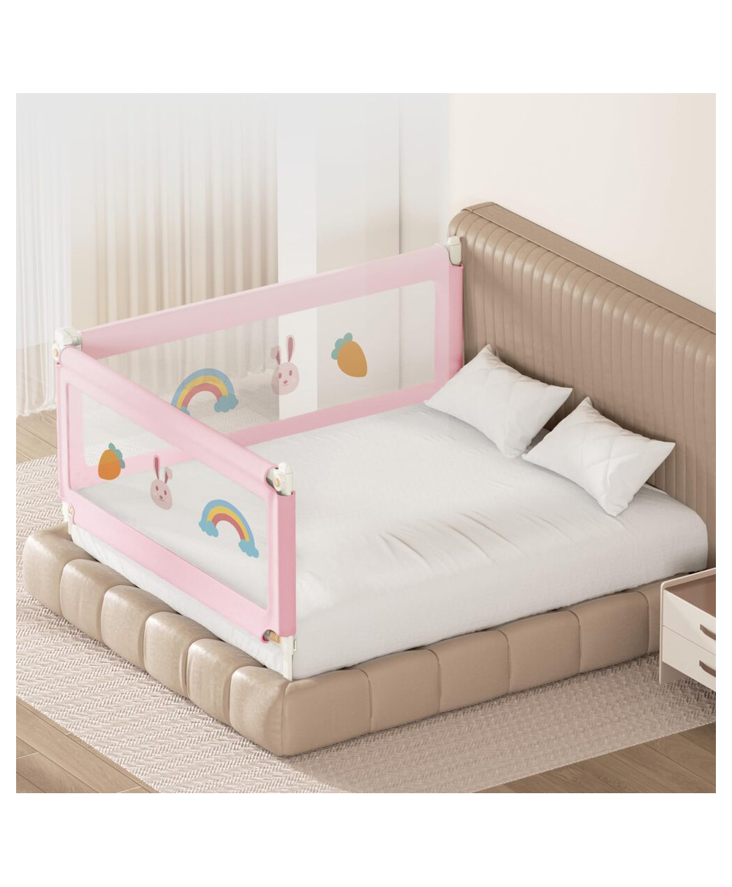 Kids Station Foldable Bed Rail Guard 2 Side, Pink (192 x 150 cm) Adjustable Height Baby Safety Barrier for Queen Size Bed (6.3ft x 5ft, Basic)-image-49