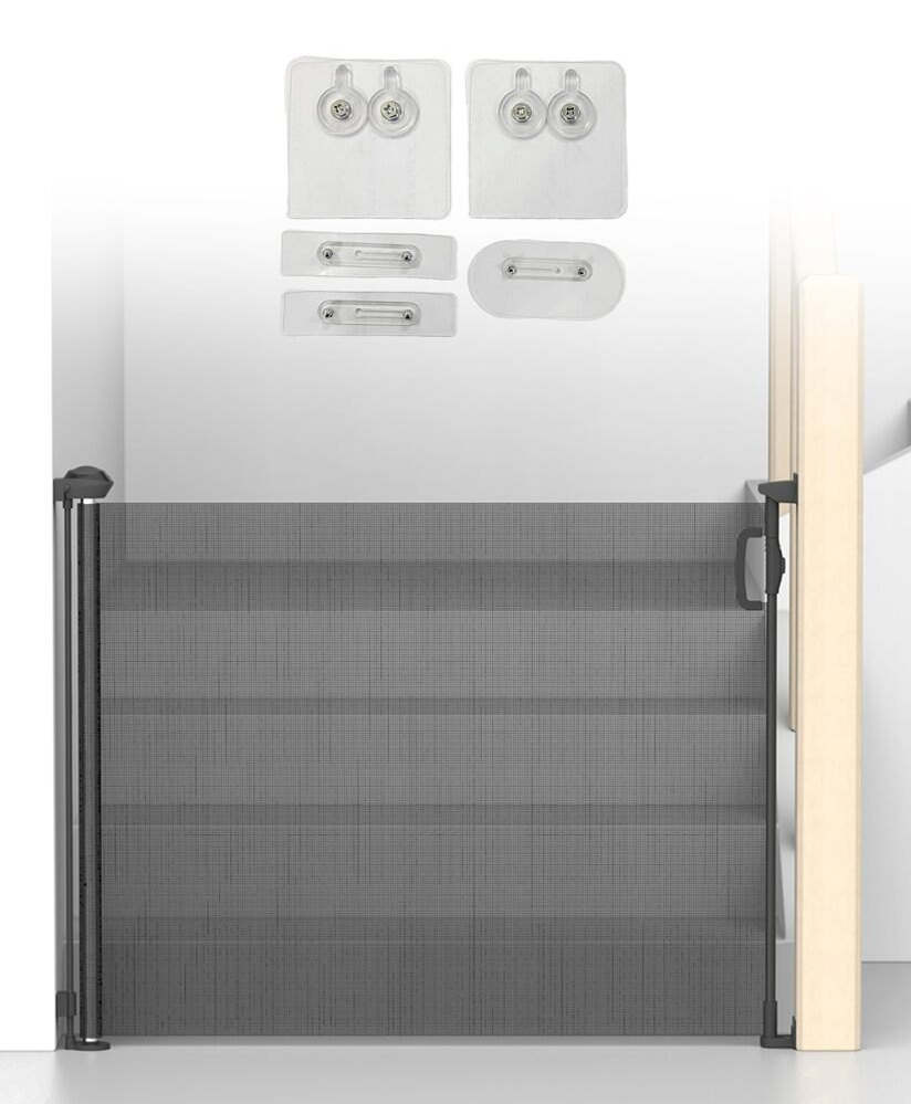 Retractable Baby Safety Gate for Kids 180cm Expandable Mesh Barrier with Glass Mounting Space-Saving Door & Hallway Fence (Black, 90cm Height)-image-21