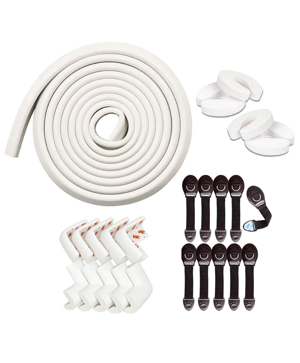 Kids Station Baby Proofing Safety Kit 5m Edge Protector Strip + 8 Corner Guards + 10 Safety Locks + 4 Door Stoppers All-in-One Baby Safety Set (White & Brown)-image-38