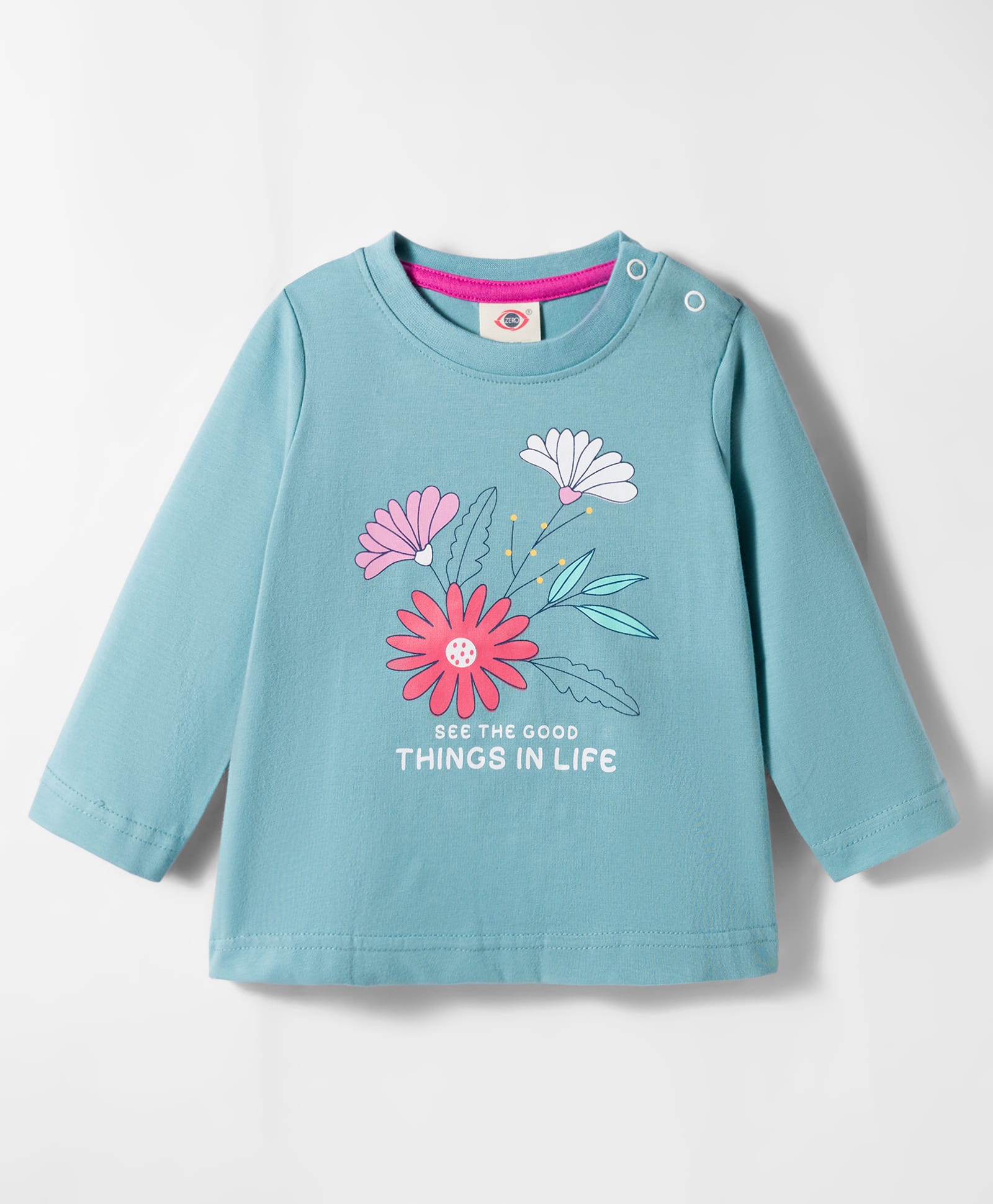 Zero Sinker Knit Full Sleeves T-Shirt with Floral Print - Light Blue-image-38
