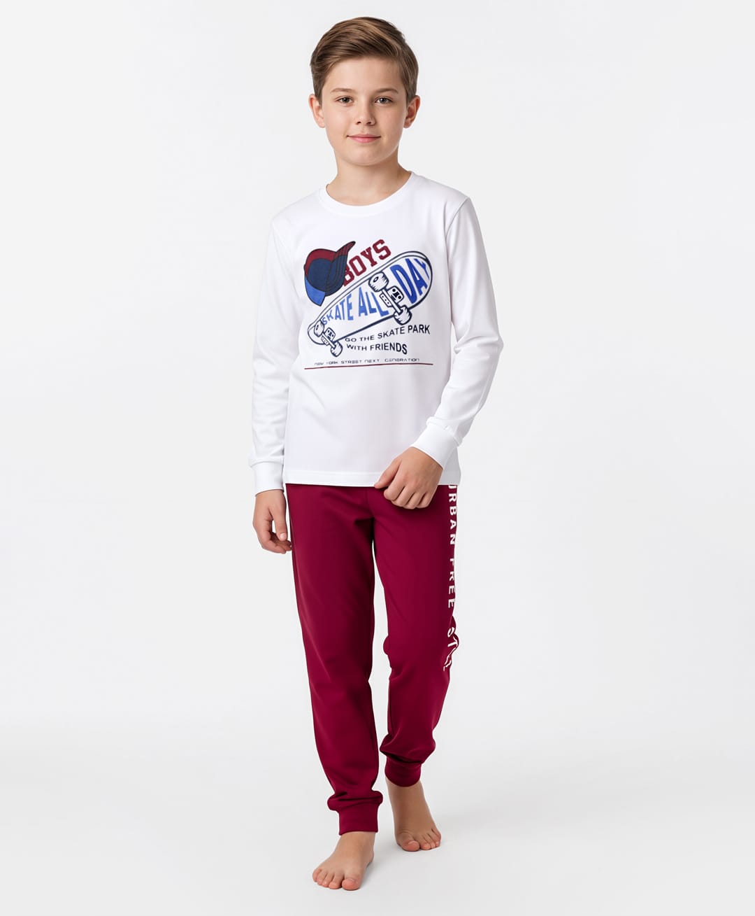 Primo Gino 100% Cotton Knit Full Sleeves Night Suit with Skate Board Print - White & Maroon-image-30