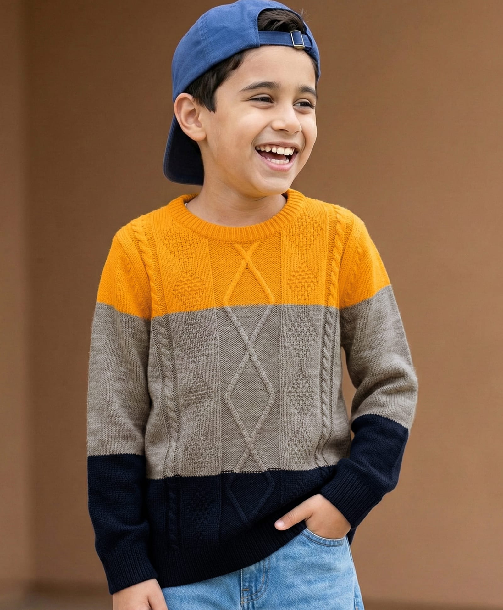 Pine Kids Knit Full Sleeves Pullover Sweater with Color Block & Cable Knit Design - Yellow Grey & Black-picture-33