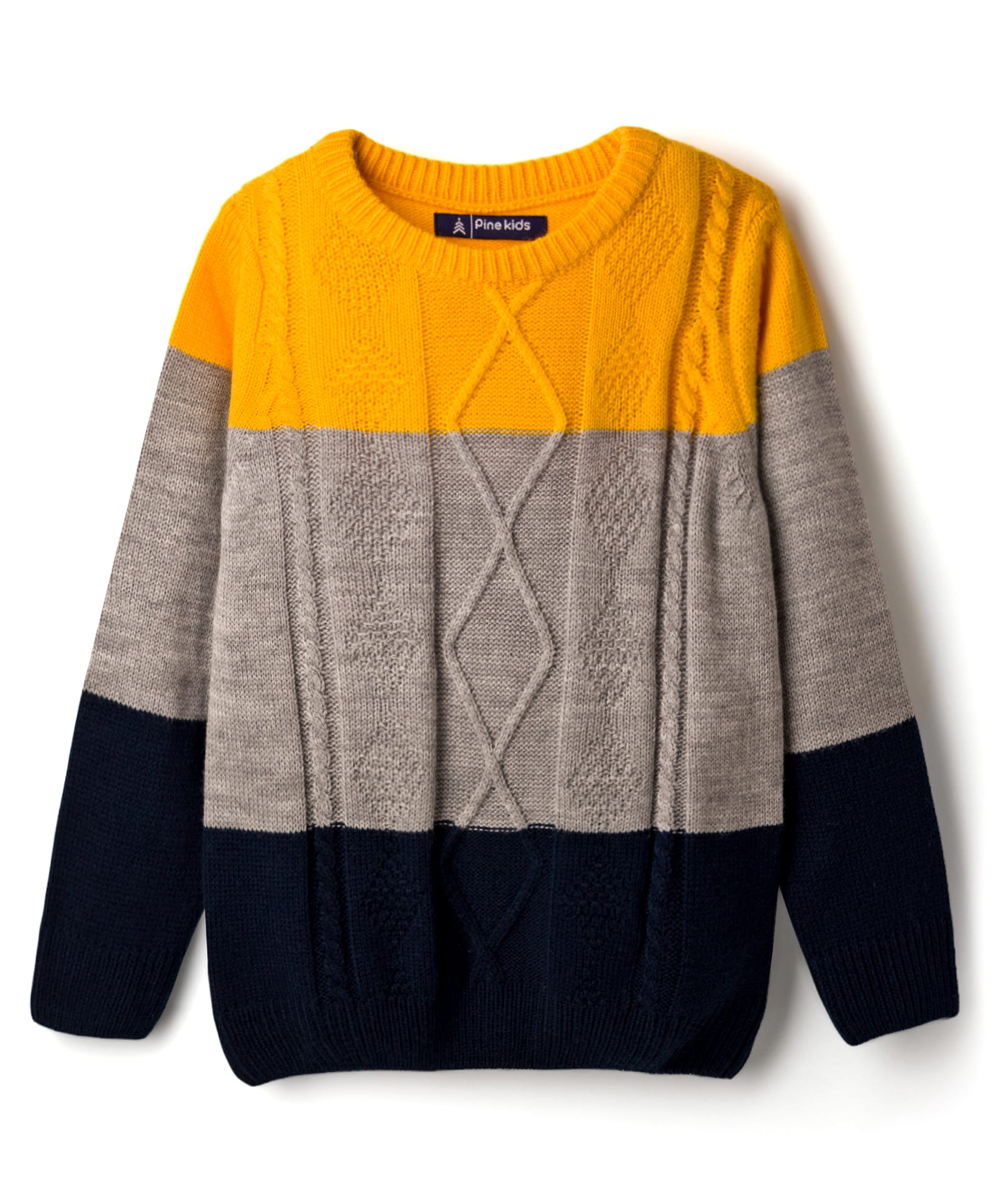 Pine Kids Knit Full Sleeves Pullover Sweater with Color Block & Cable Knit Design - Yellow Grey & Black-picture-15