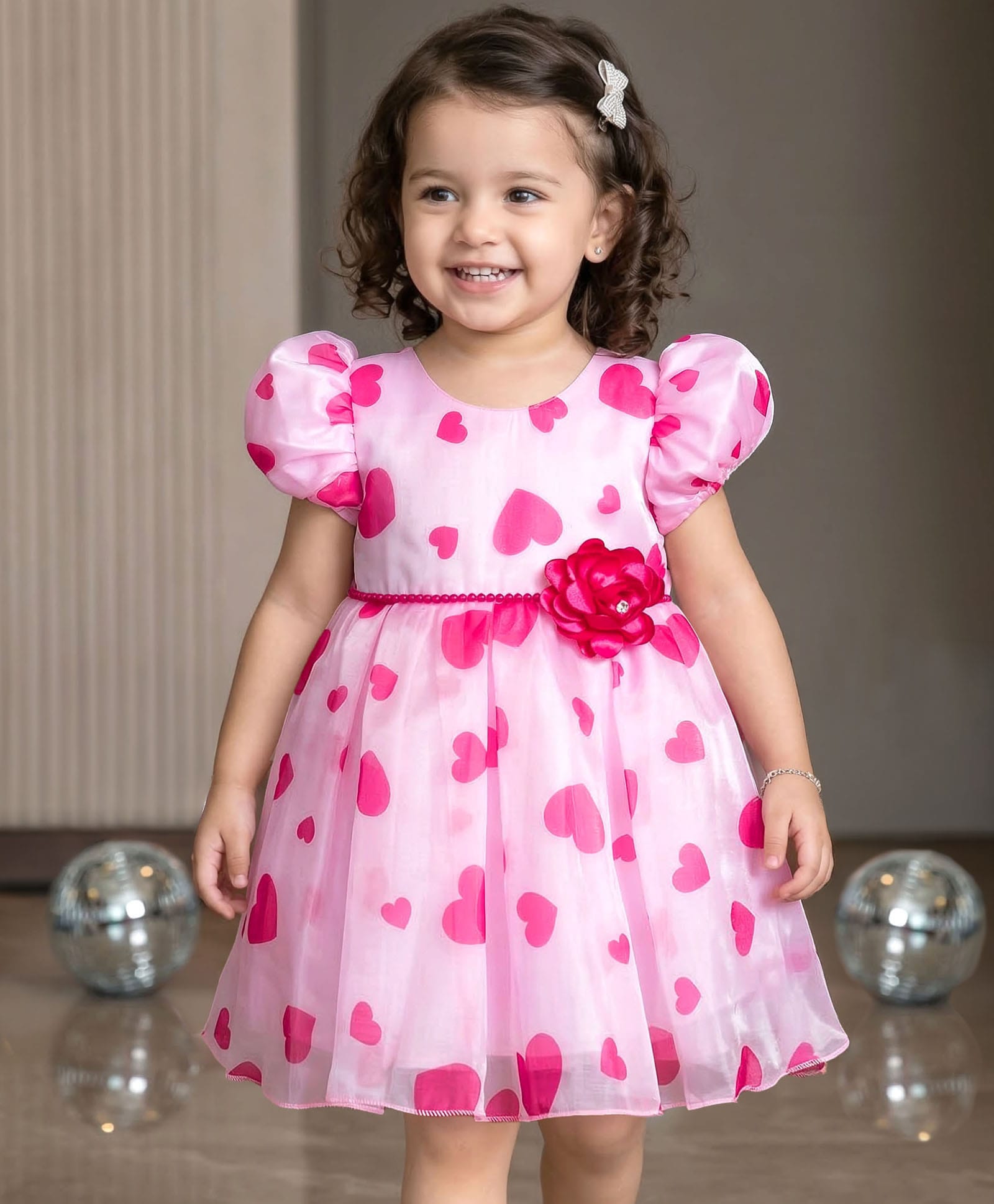 Babyhug 5 Layers Printed Premium Glass Nylon Fabric With Cotton Lining Half Sleeves Party Dress With Heart Print & Corsage - Light Pink-image-1