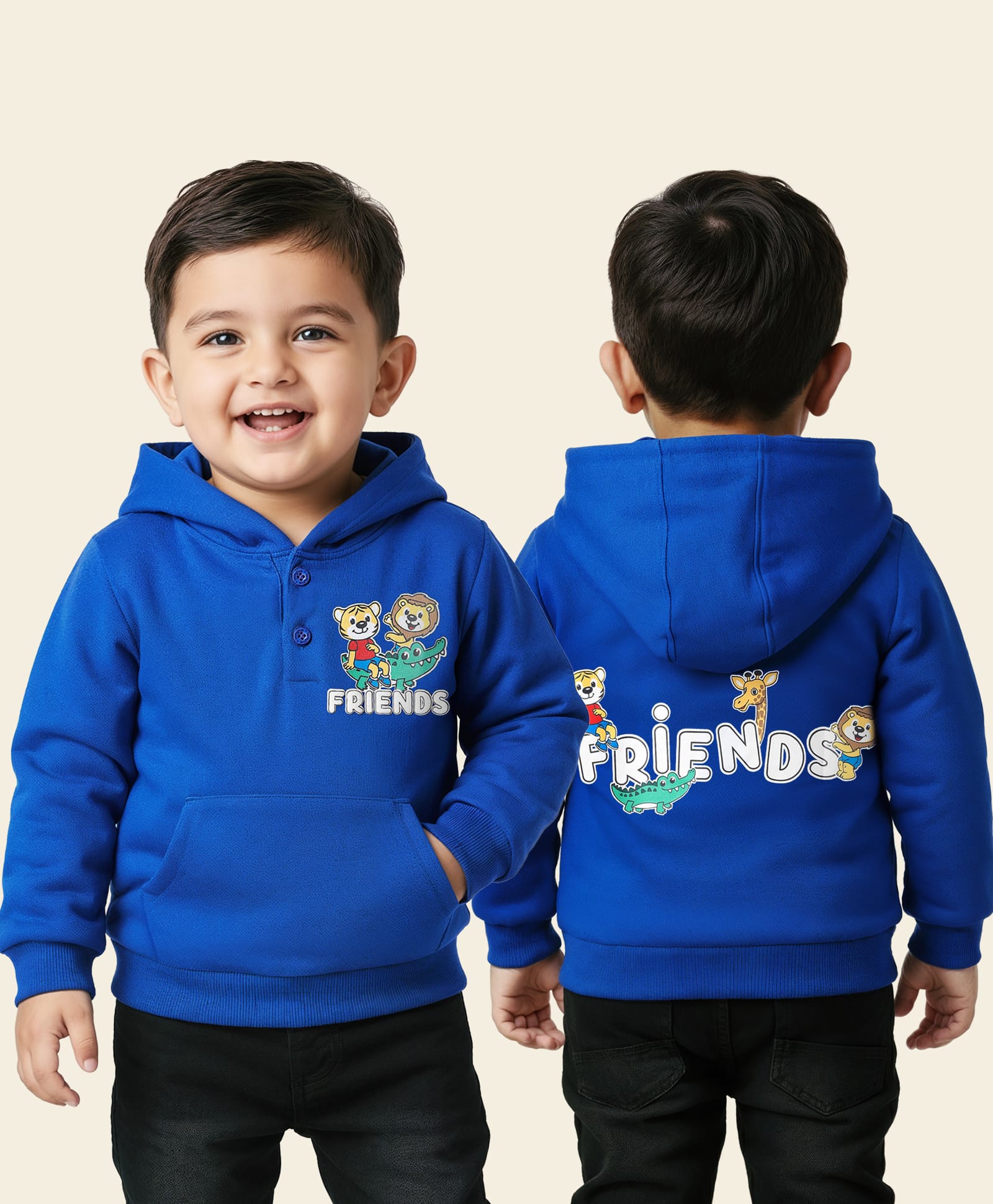 Babyhug Cotton Knit Full Sleeves Hooded Sweatshirt With Animal Graphics & Kangaroo Pockets - Blue