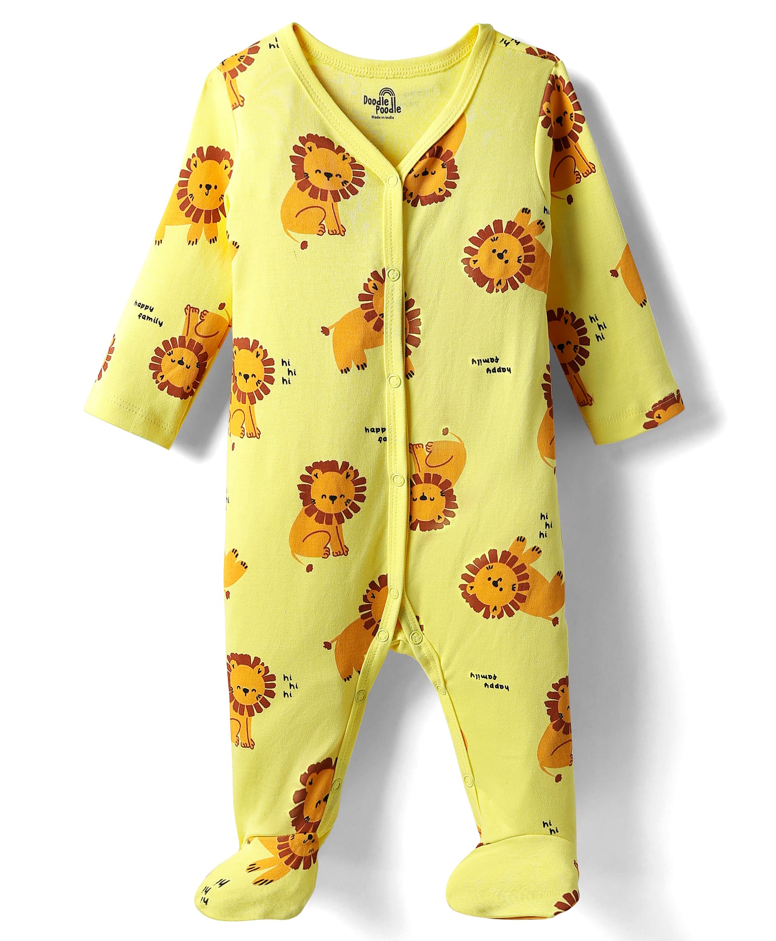 Doodle Poodle Cotton Knit Full Sleeves Footed Sleep Suit with Lion Print - Yellow-picture-18