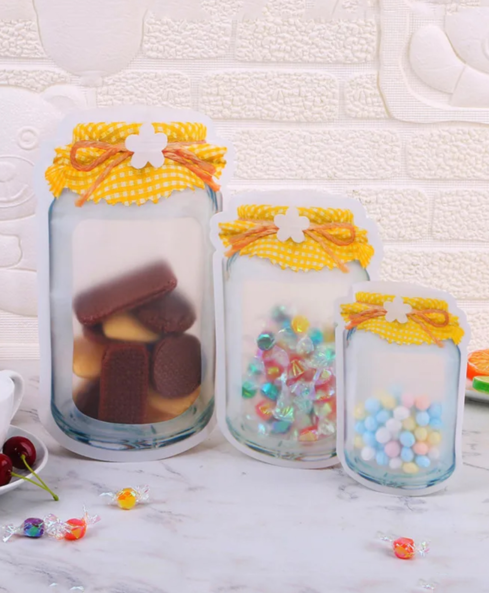 Birthday Popper Yellow Colour Mason Jar Zip-Lock Pouch | Pack of 10; Medium | Reusable, Leak-Proof Stand-Up Food Storage Bag | Airtight Seal Ziplock Pouches as Birthday Return Gifts