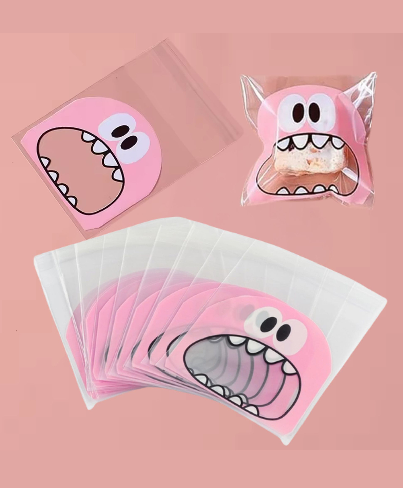 Birthday Popper 100 Pcs Pink Monster Face Transparent Gift Pouches (10 x 10 cm) Small Self-Adhesive Bags for Kids Return Gifts, Chocolates, Cookies, Party Use-image-39