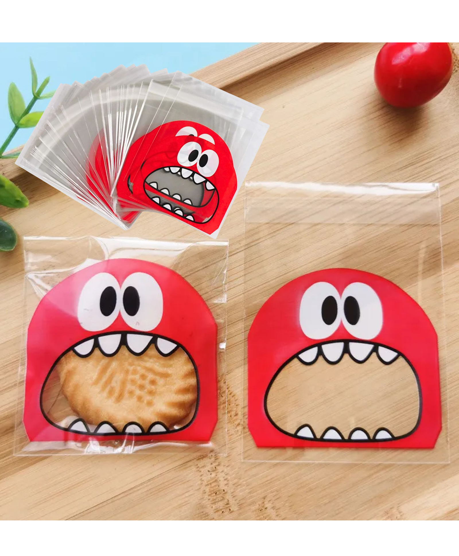 Birthday Popper 100 Pcs Red Monster Face Transparent Gift Pouches Self-Adhesive Small Bags for Kids Birthday Return Gifts, Chocolates, Cookies-image-33