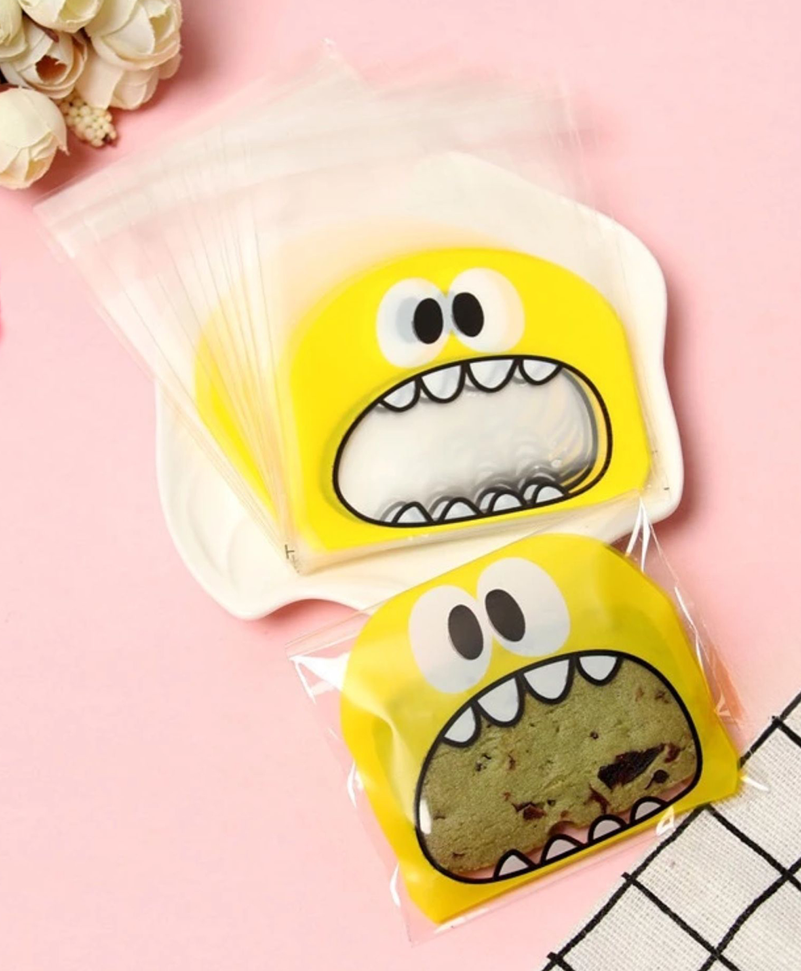 Birthday Popper 100 Pcs Yellow Monster Face Transparent Pouches Small Adhesive Bags for Kids Return Gifts, Cookies, Chocolates, Party Packing
