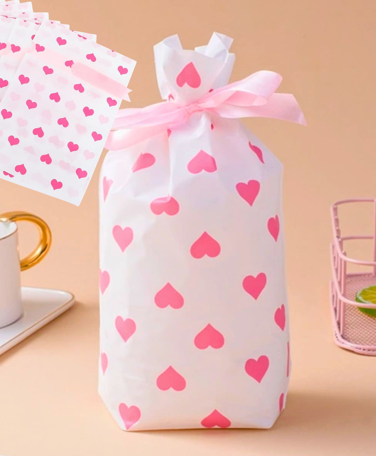 Birthday Popper Hearts Gift Bags with Ribbons Reusable Pouches for Birthday Return Gifts Cookies Candy Small Toys Drawstring Bags for Celebrations Pack of 50 - Pink