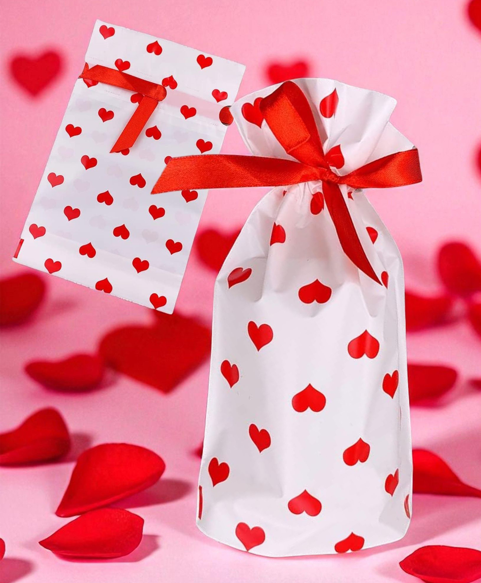 Birthday Popper Hearts Gift Bags with Ribbons Reusable Pouches for Birthday Return Gifts Cookies Candy Small Gifts Drawstring Bags for Celebrations Pack of 50 - Red-image-2