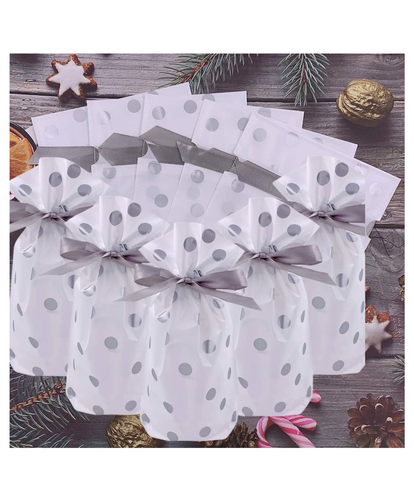 Birthday Popper Polka Dot Gift Bags with Ribbons Reusable Pouches Pouches for Return Gifts Cookies Candy Small Gifts Pack of 50 - Silver-image-42