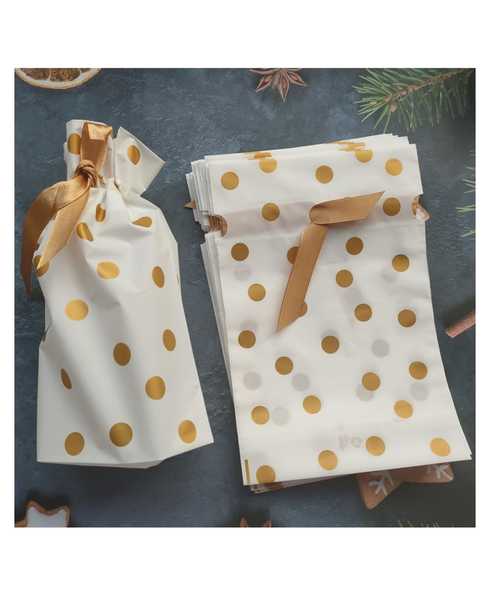 Birthday Popper 50 Pcs Gold Polka Dot Gift Bags with Ribbons Reusable Pouches for Birthday Return Gifts, Cookies, Candy, Small Gifts Drawstring Bags for Kids & Celebrations