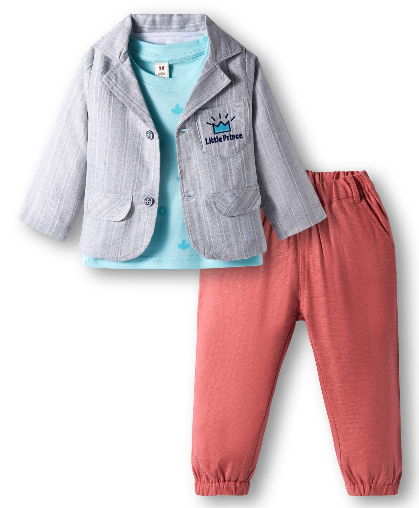 ToffyHouse Poplin Woven Full Sleeves Blazer with T-Shirt & Trouser with Text Embroidery - Grey & Maroon-image-13