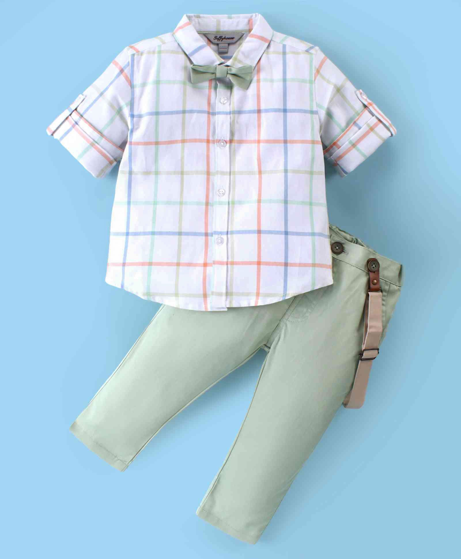 ToffyHouse Poplin Woven Full Sleeves Checks Party Shirt & Trouser Set With Bow & Suspender - Sea Green & White-image-39