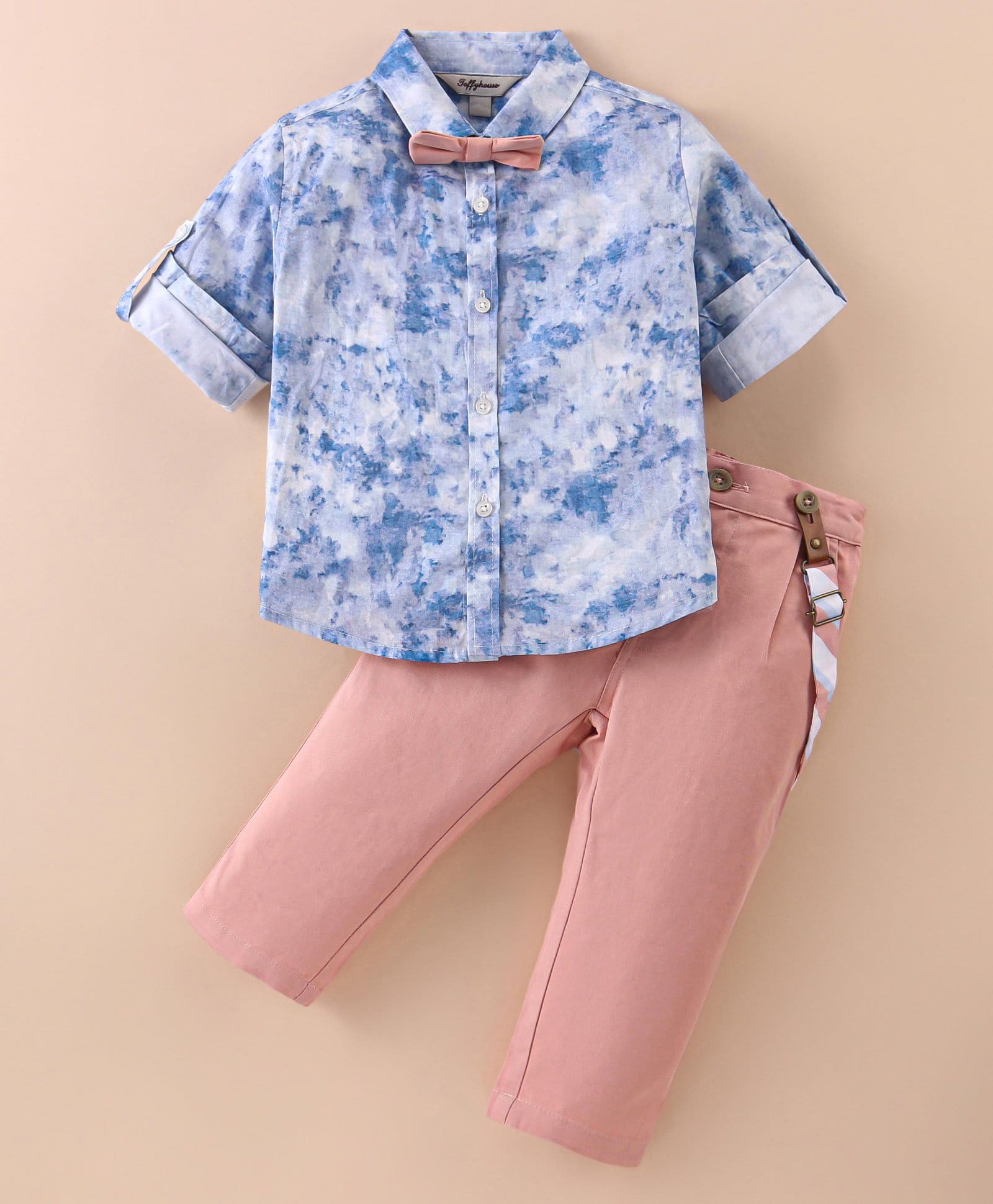 ToffyHouse Poplin Woven Full Sleeves Tie & Dye Printed Party Shirt & Trouser Set With Bow & Suspender - Blue & Pink-image-36
