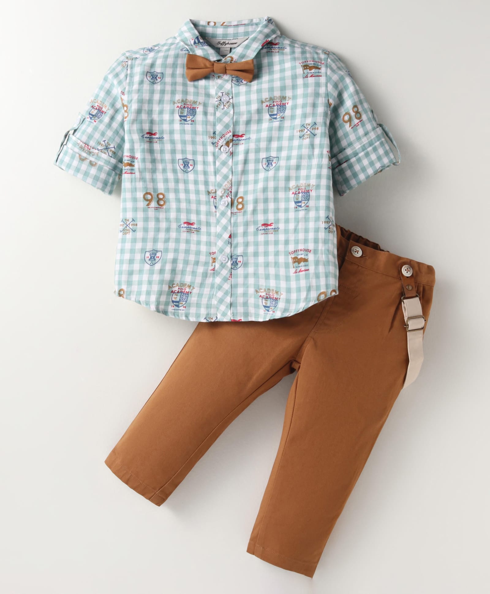 ToffyHouse Poplin Woven Full Sleeves Checks & Printed Party Shirt & Trouser Set With Bow & Suspender - Light Green & Tan-picture-42