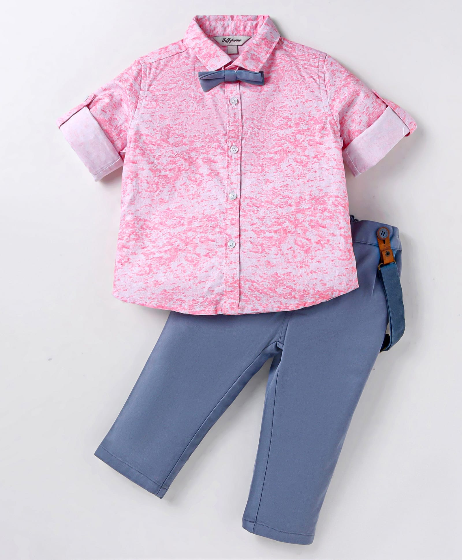 ToffyHouse Poplin Woven Full Sleeves Printed Party Shirt & Trouser Set With Bow & Suspender - Pink & Blue-picture-13