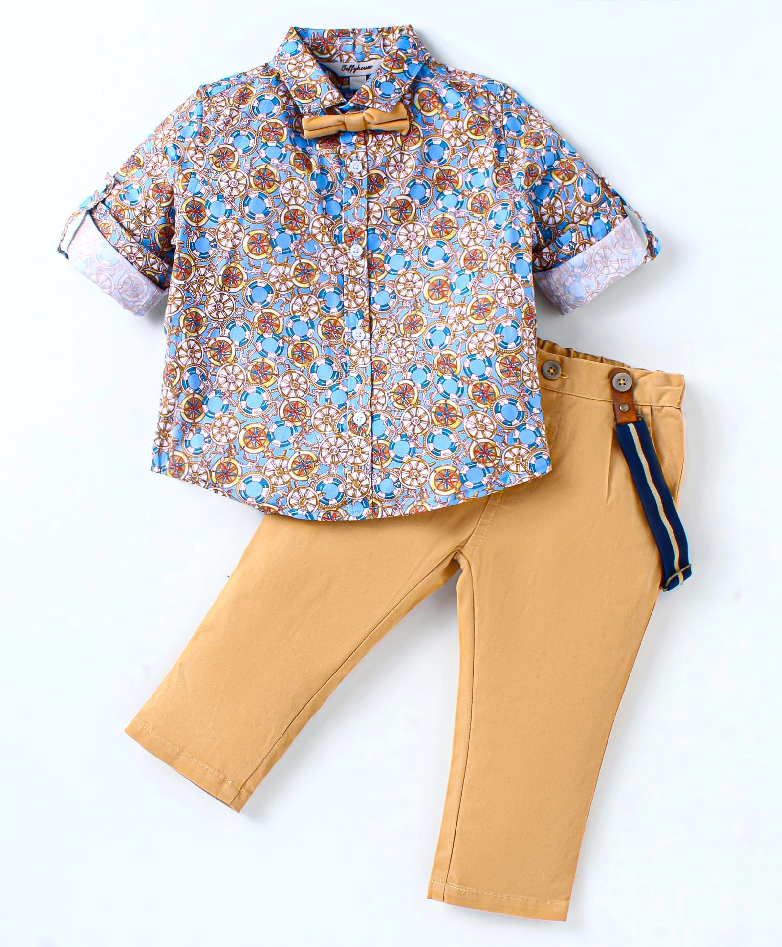 ToffyHouse Poplin Woven Full Sleeves Nautical Theme Printed Party Shirt & Trouser Set With Bow & Suspender - Mustard-image-1