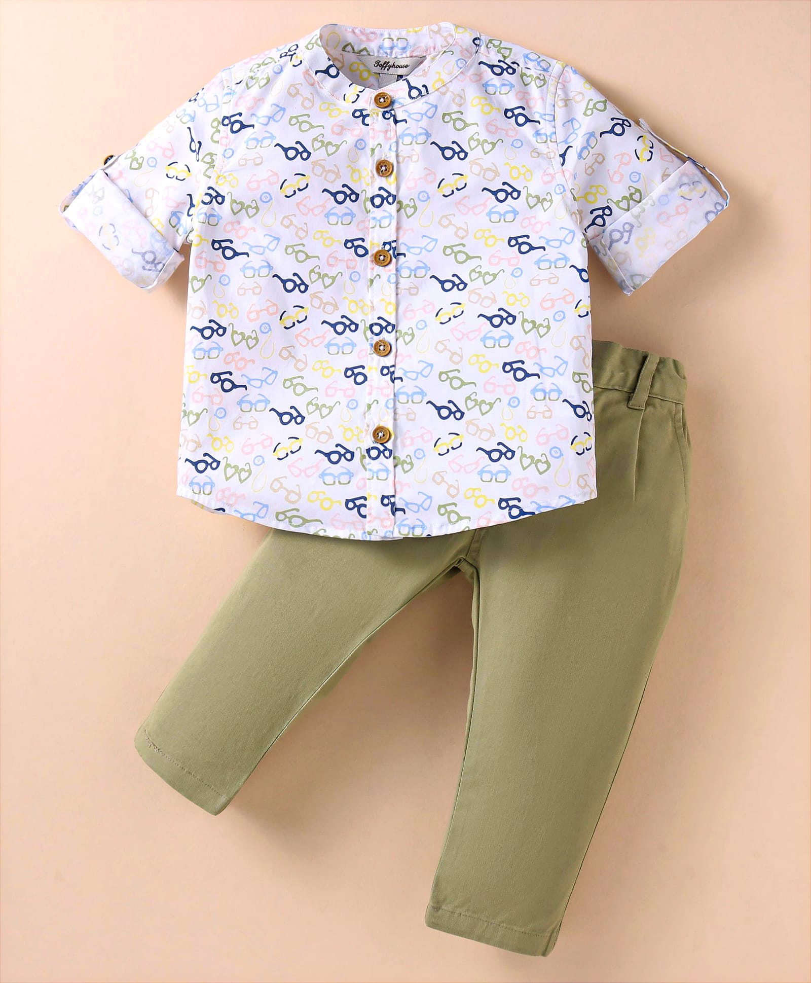 ToffyHouse Poplin Woven Full Sleeves Shirt and Trouser Set With Heart Print - Olive Green & White-image-35