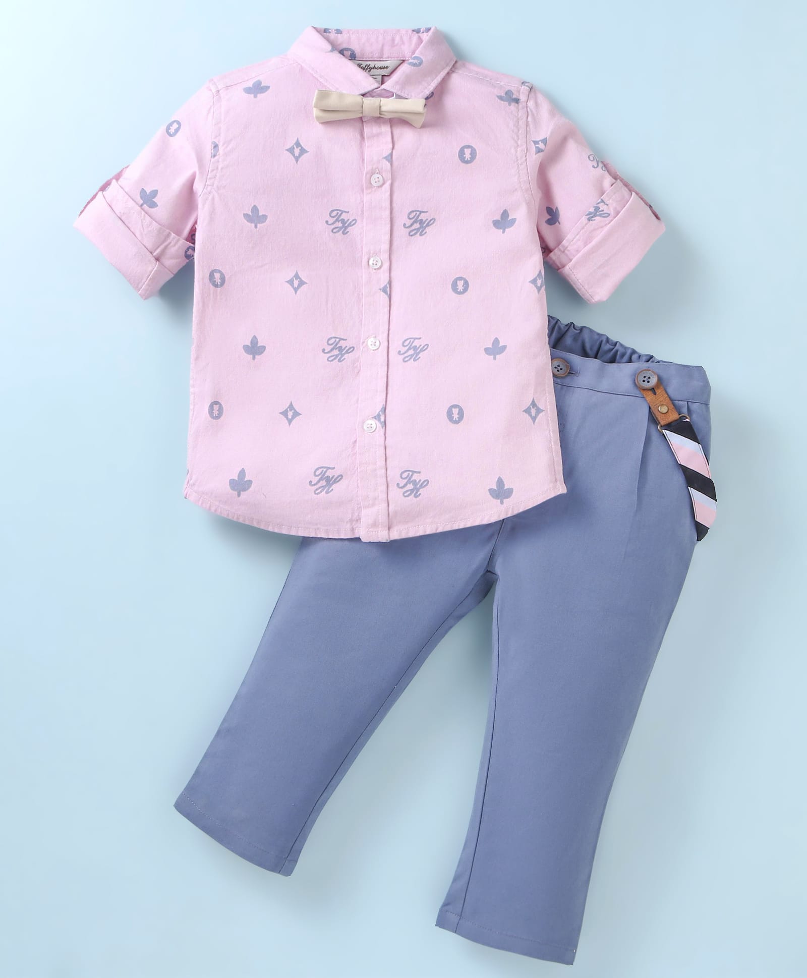 ToffyHouse Poplin Woven Full Sleeves Printed Party Shirt & Trouser Set With Bow & Suspender - Pink & Blue-image-44