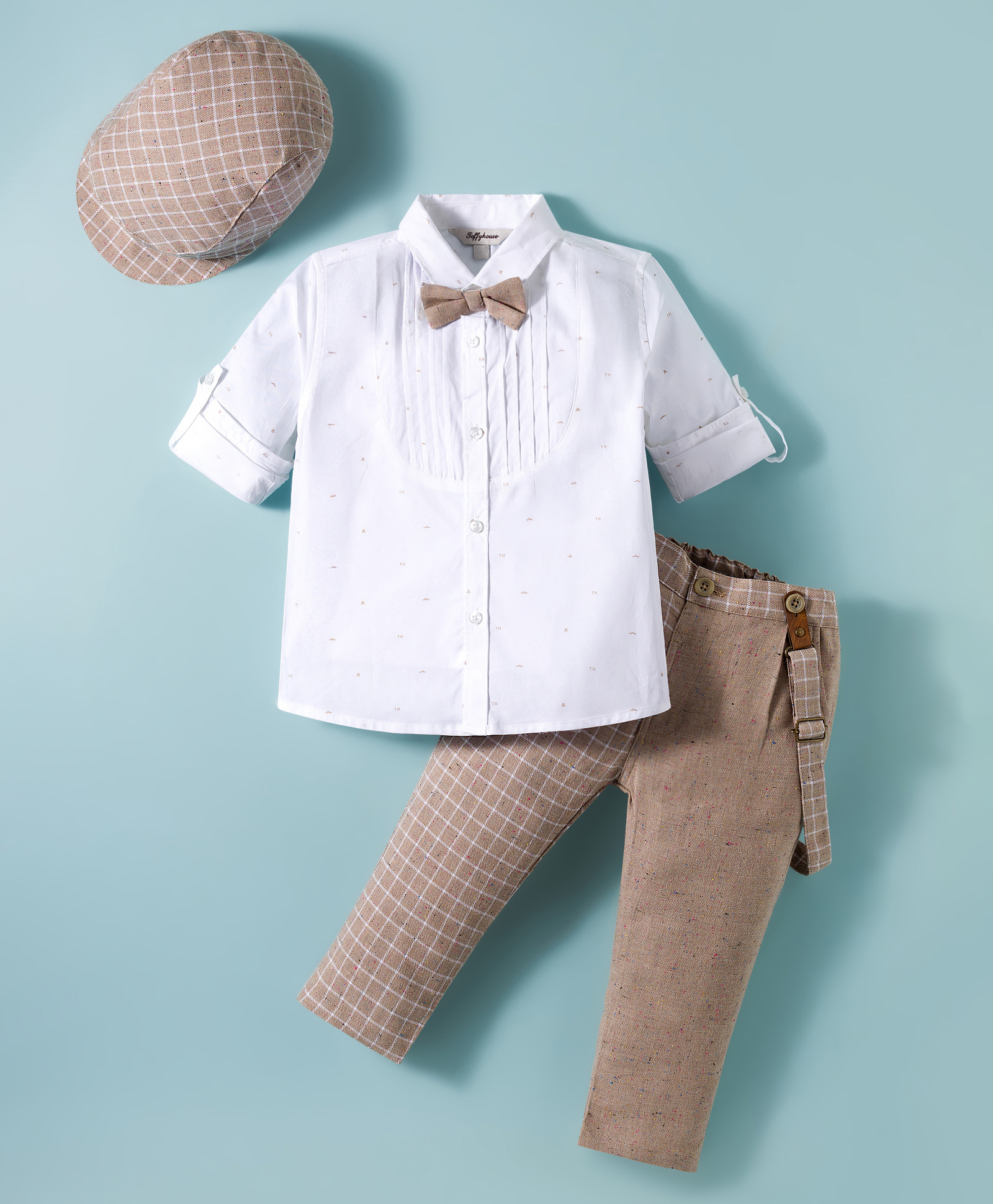 ToffyHouse Poplin Woven Full Sleeves Party Shirt & Checks Trouser Set With Bow & Suspender - White & Beige-picture-0