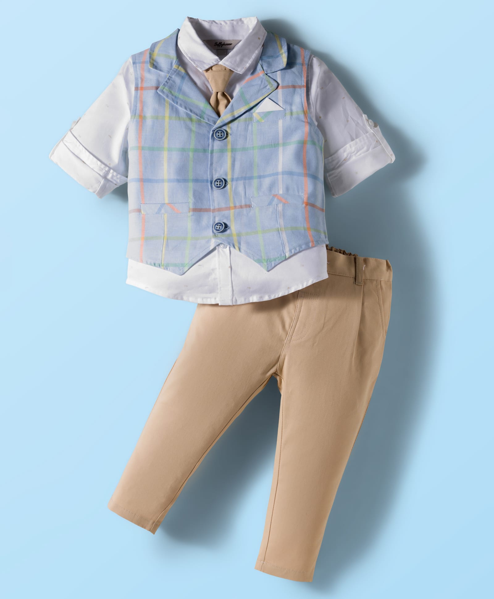 ToffyHouse Poplin Woven Full Sleeves Checked Party Suit Set with Tie - White Tan & Light Blue-image-10