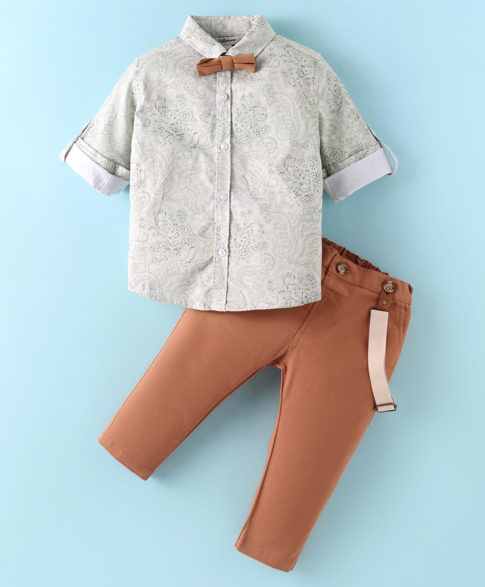 ToffyHouse Poplin Woven Full Sleeves Printed Party Shirt & Trouser Set With Bow & Suspender - White & Tan-image-49