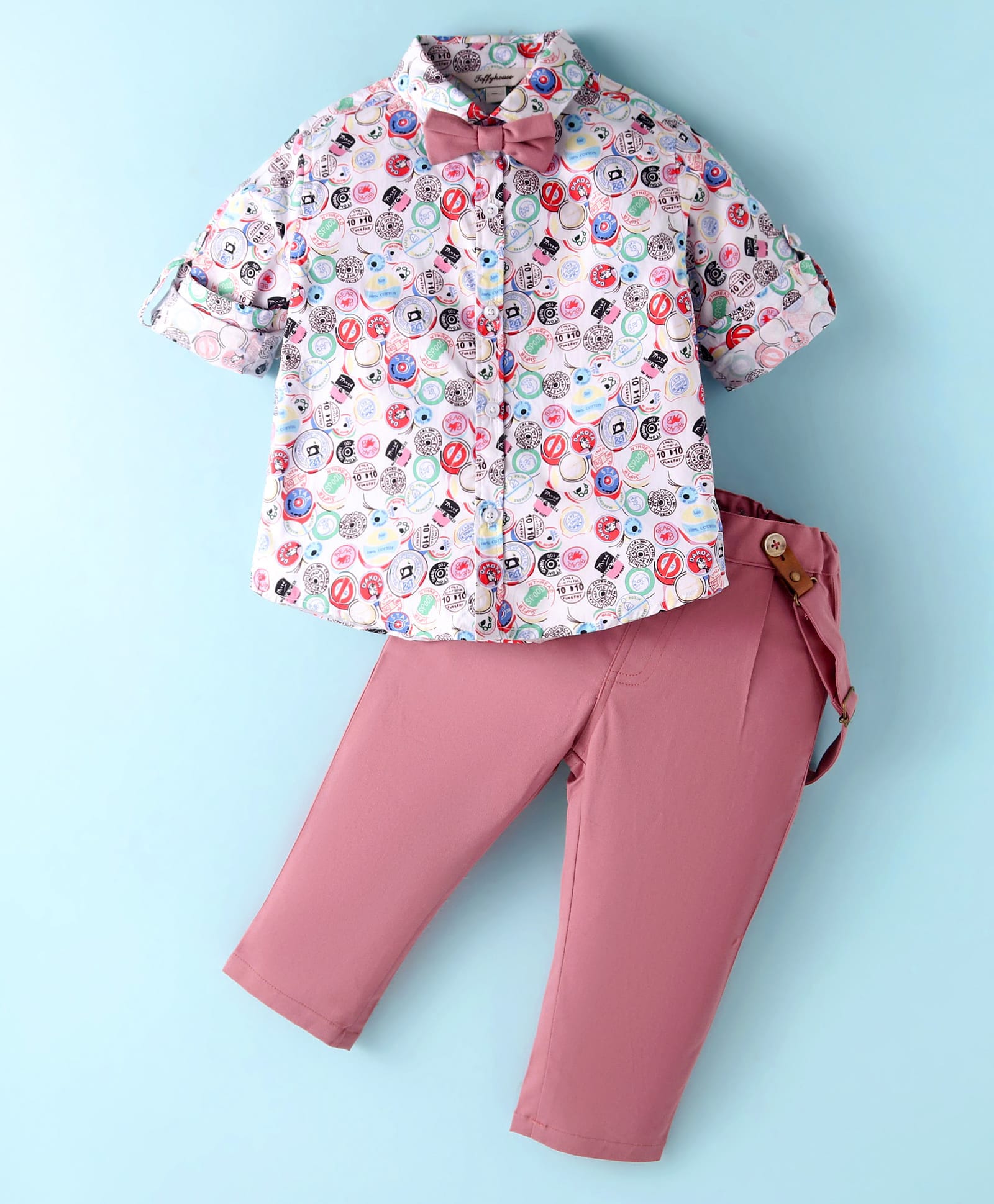ToffyHouse Poplin Woven Full Sleeves Printed Party Shirt & Trouser Set With Bow & Suspender - White & Pink-image-47