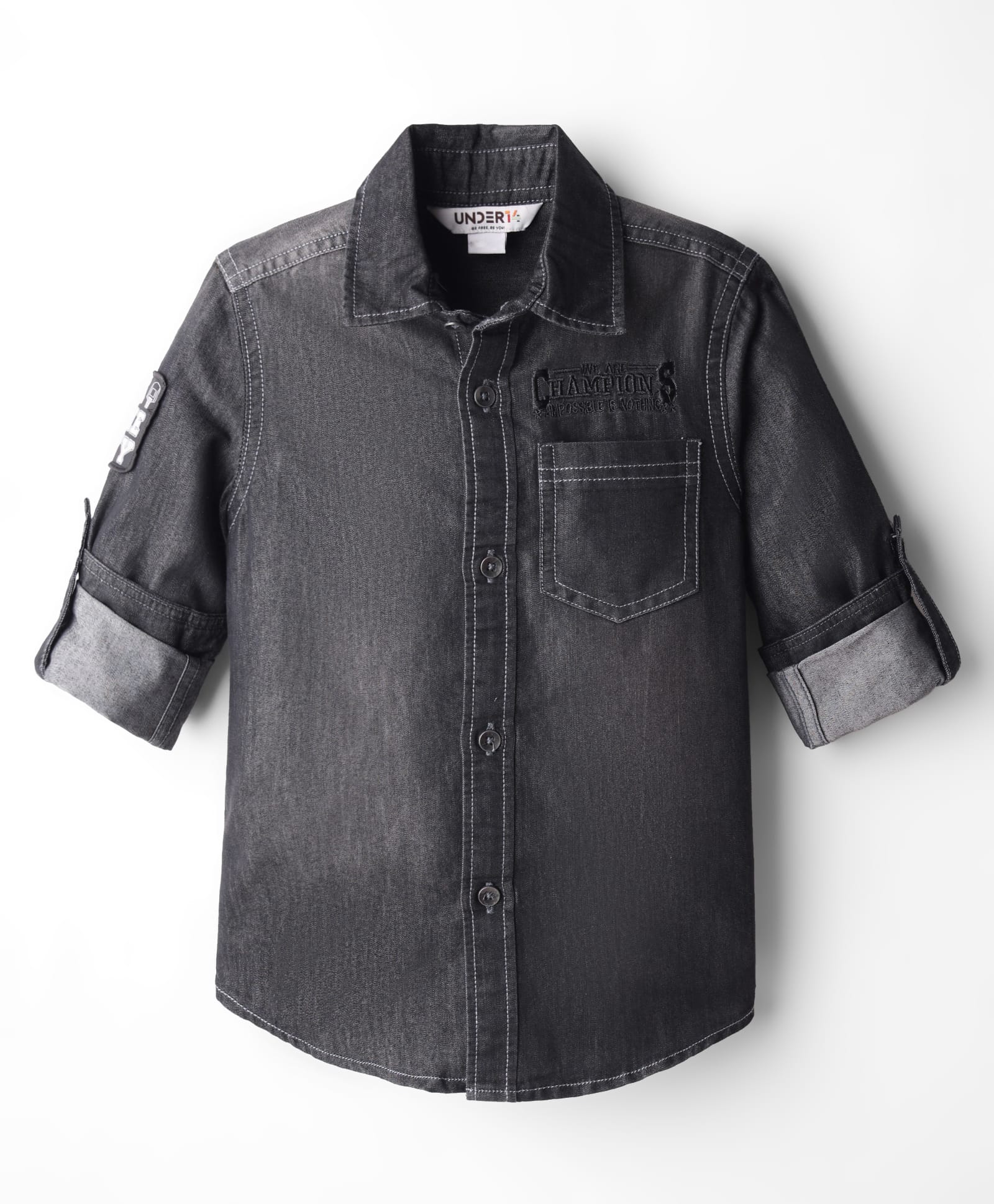 Under Fourteen Only Full Sleeves We Are Champions Text Embroidered Shirt - Black-picture-18