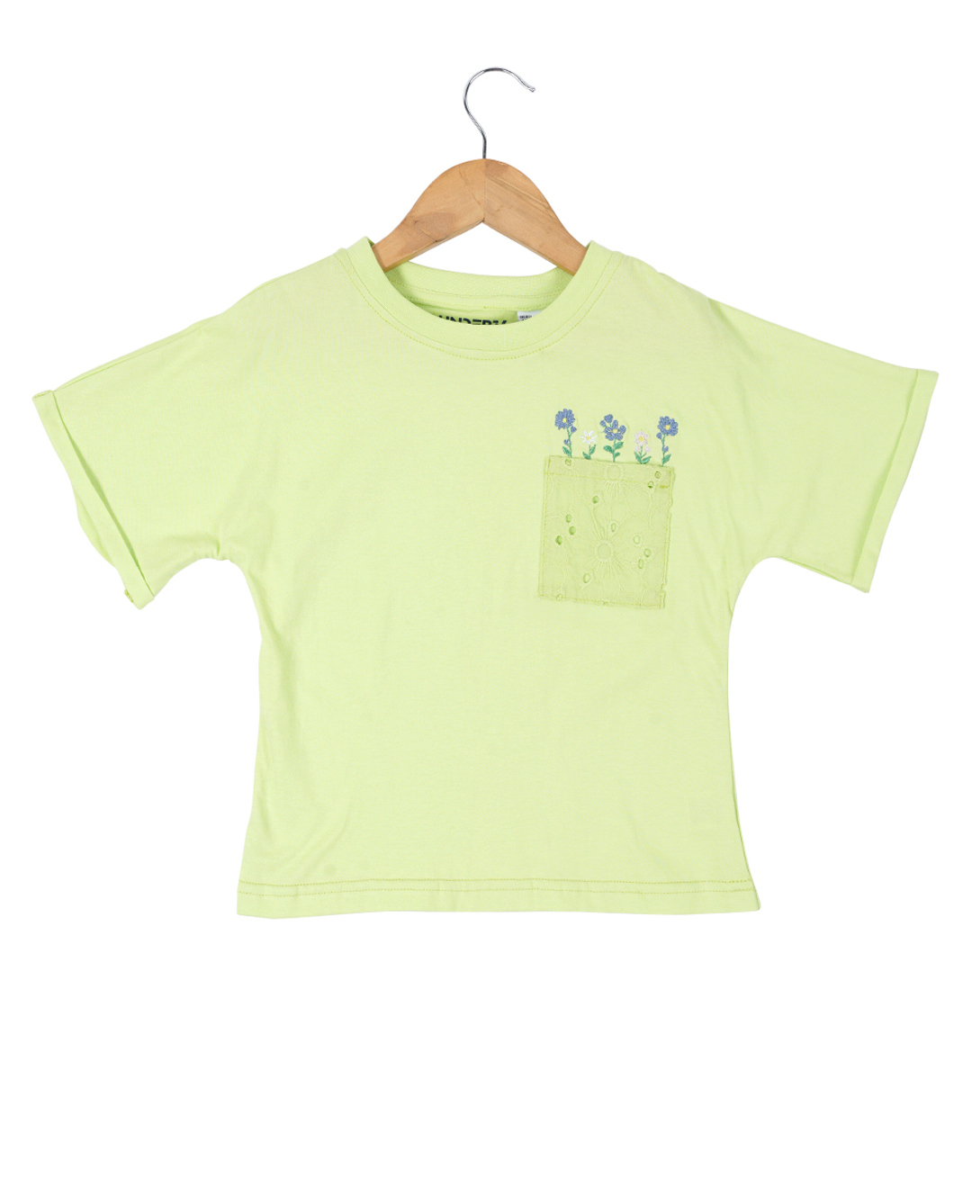 Under Fourteen Only Cotton Knit Half Sleeves Floral Embroidered Crop Tee - Lime Green-image-15